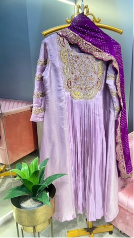 Handworked Pleated Anarkali Set with Bandhani Dupatta