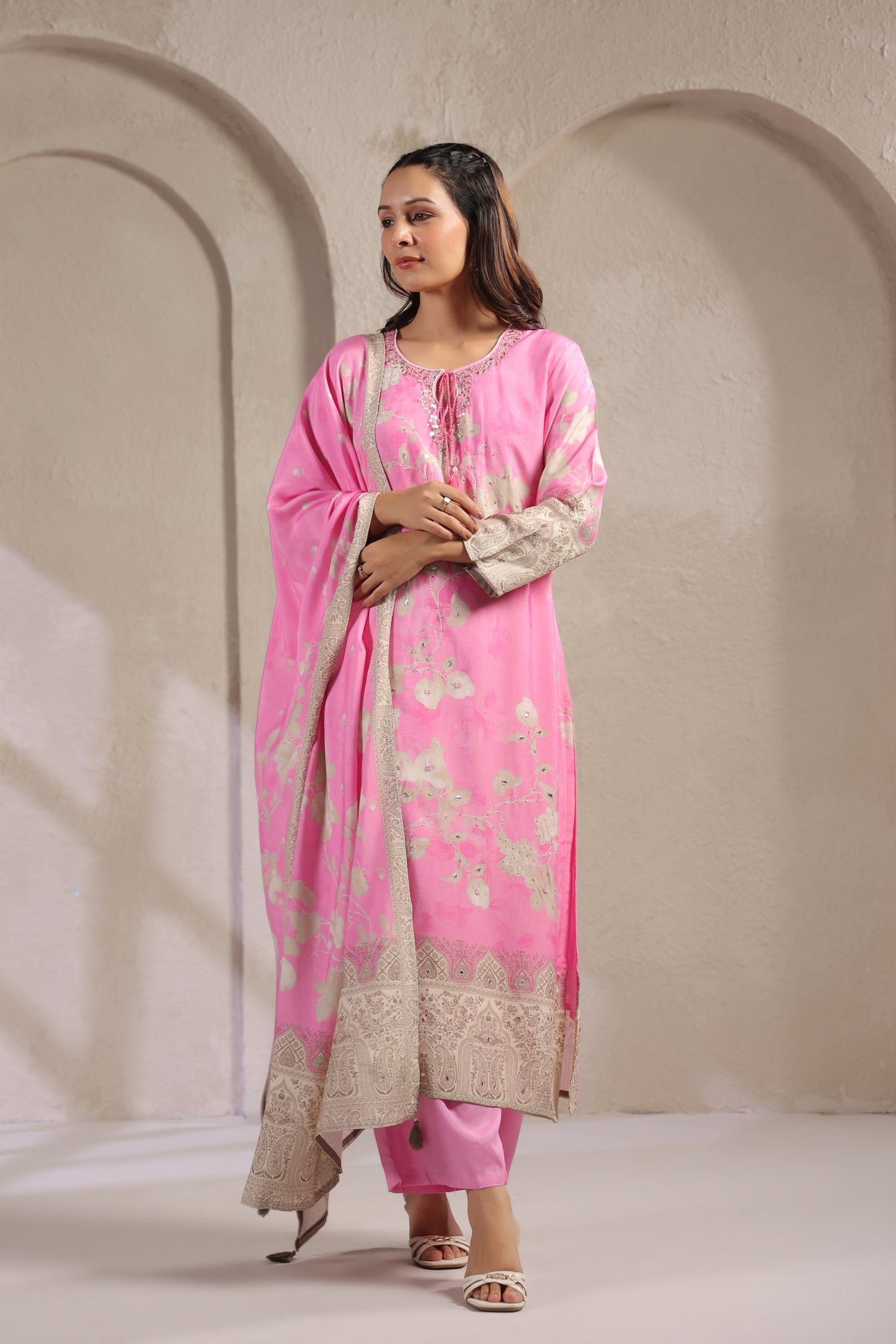Baby pink digit muslin silk suit