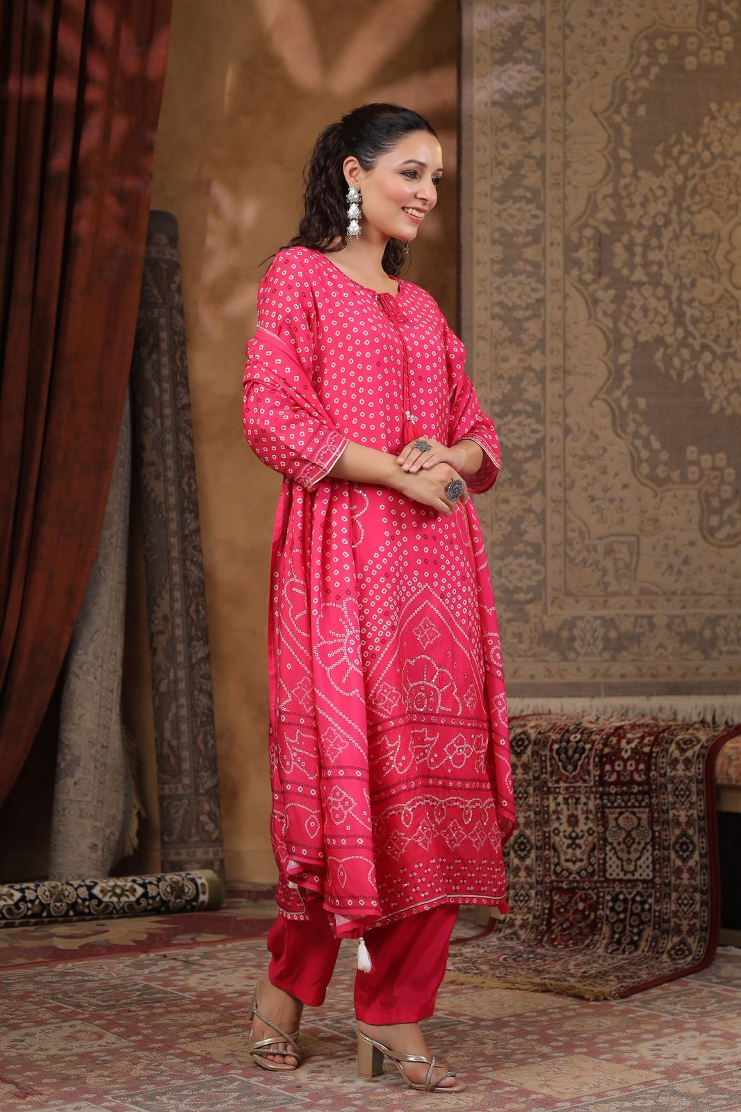Pink Bandhani muslin silk suit