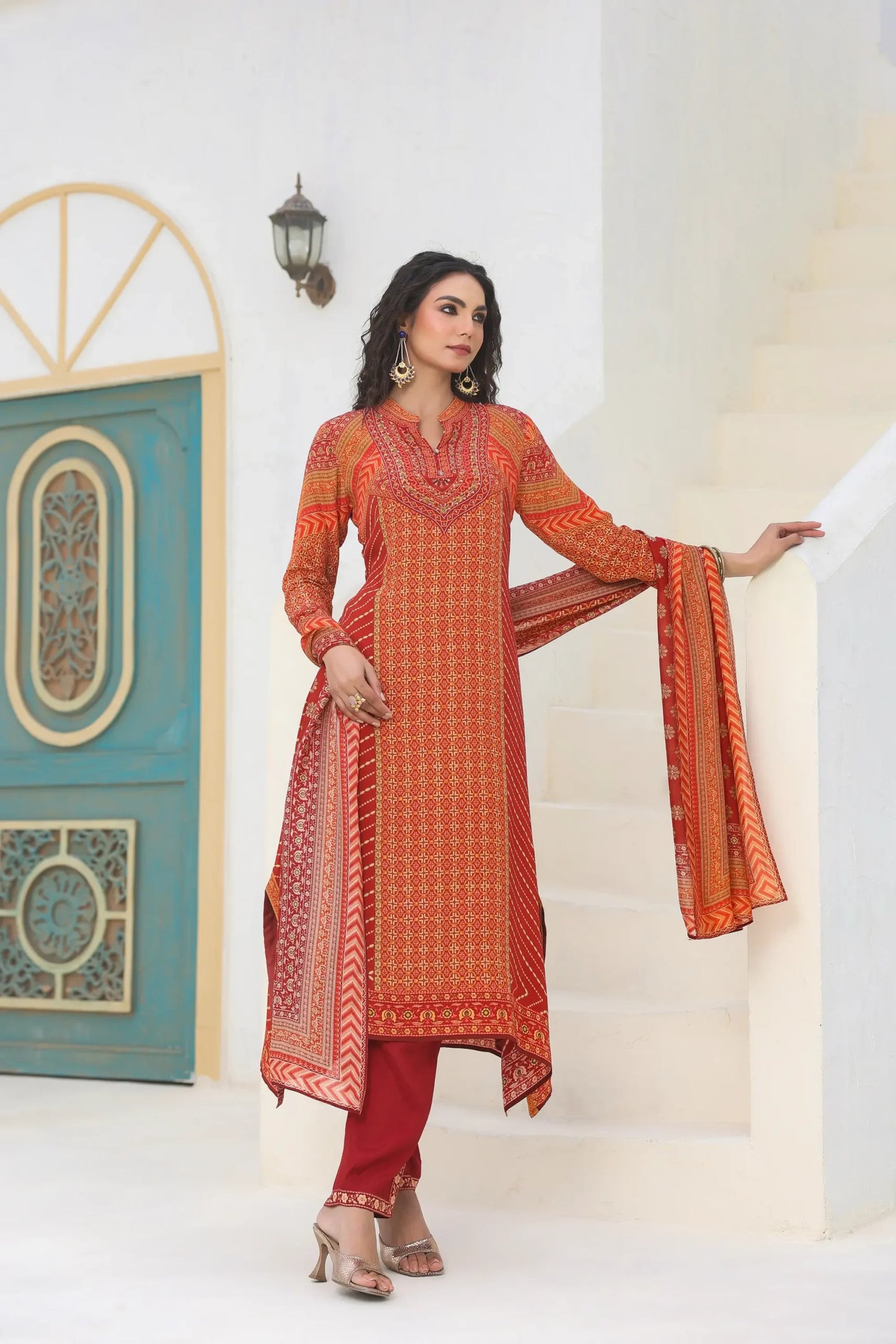 Traditional Print Straight Kurti With Pant And Printed Dupatta