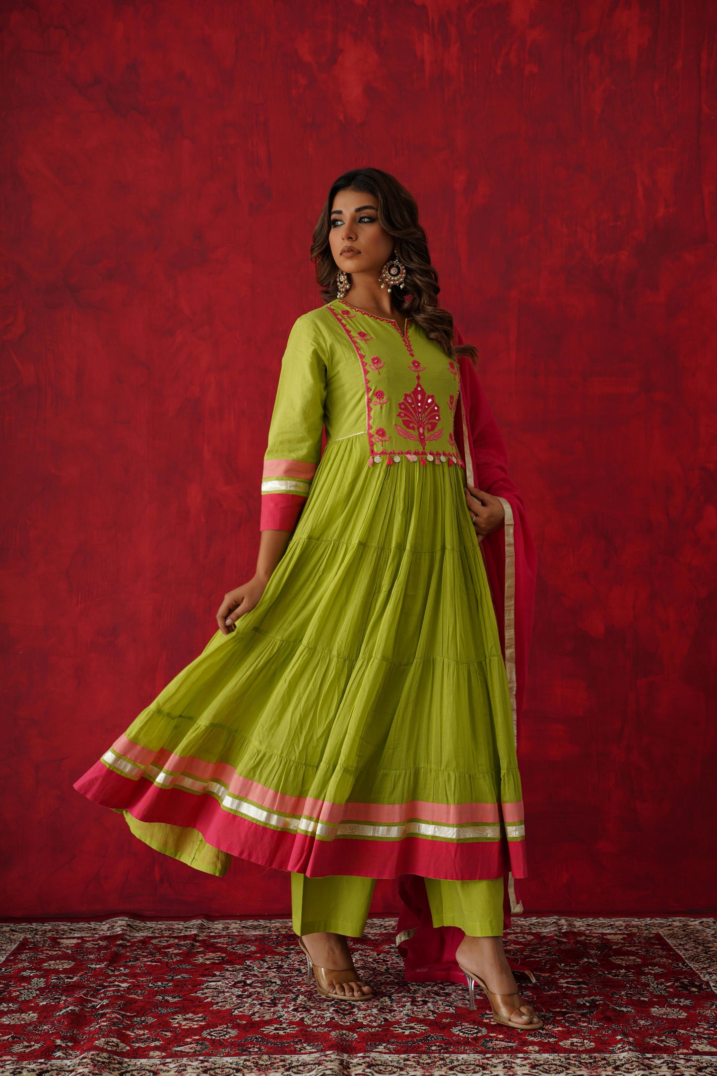 Pure green mul cotton Anarkali with real mirror embroidery