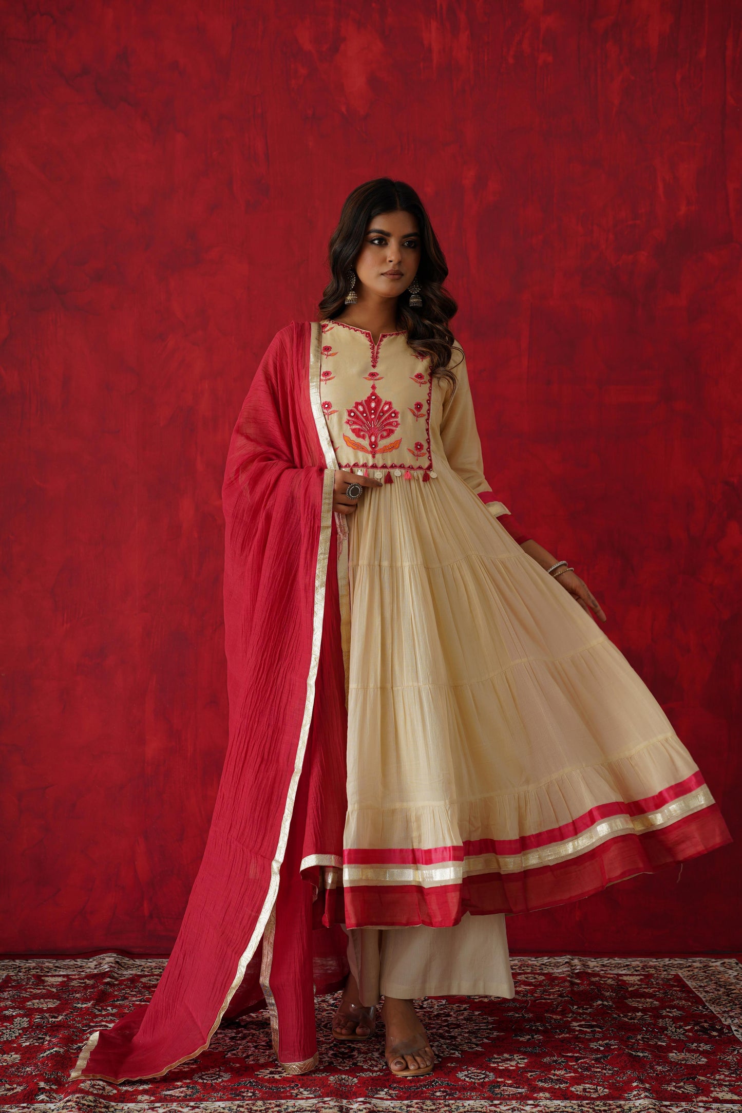 Pure Ivory mul cotton Anarkali with real mirror embroidery