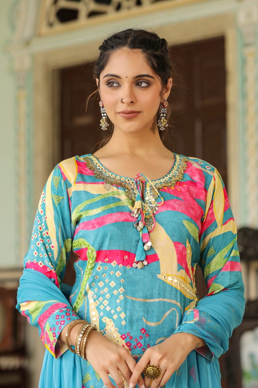 Blue and pink muslin silk