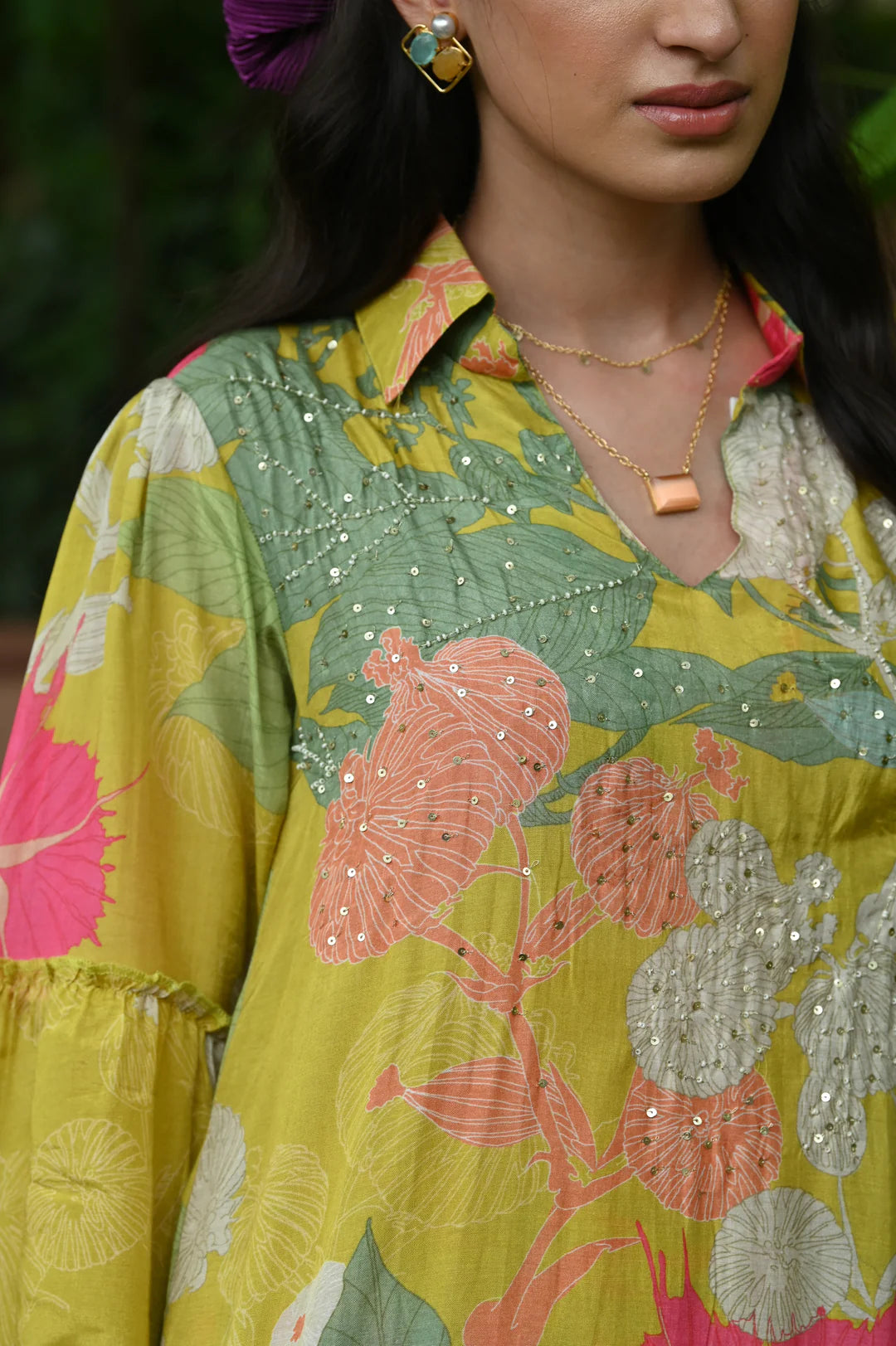 Lime Flower Muslin Kurta Set