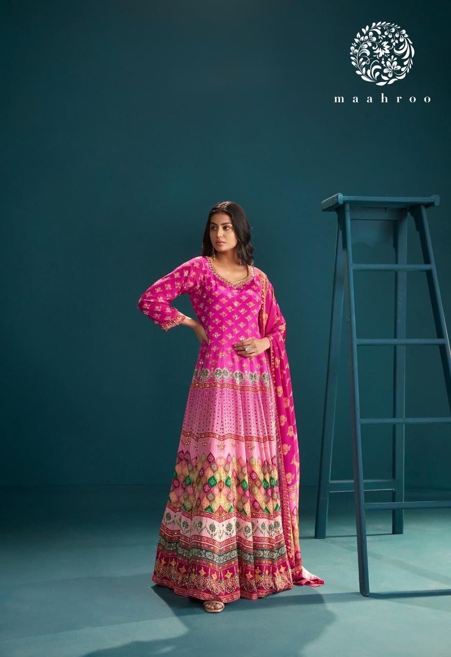 Crepe mirror Afgani and florals print gown