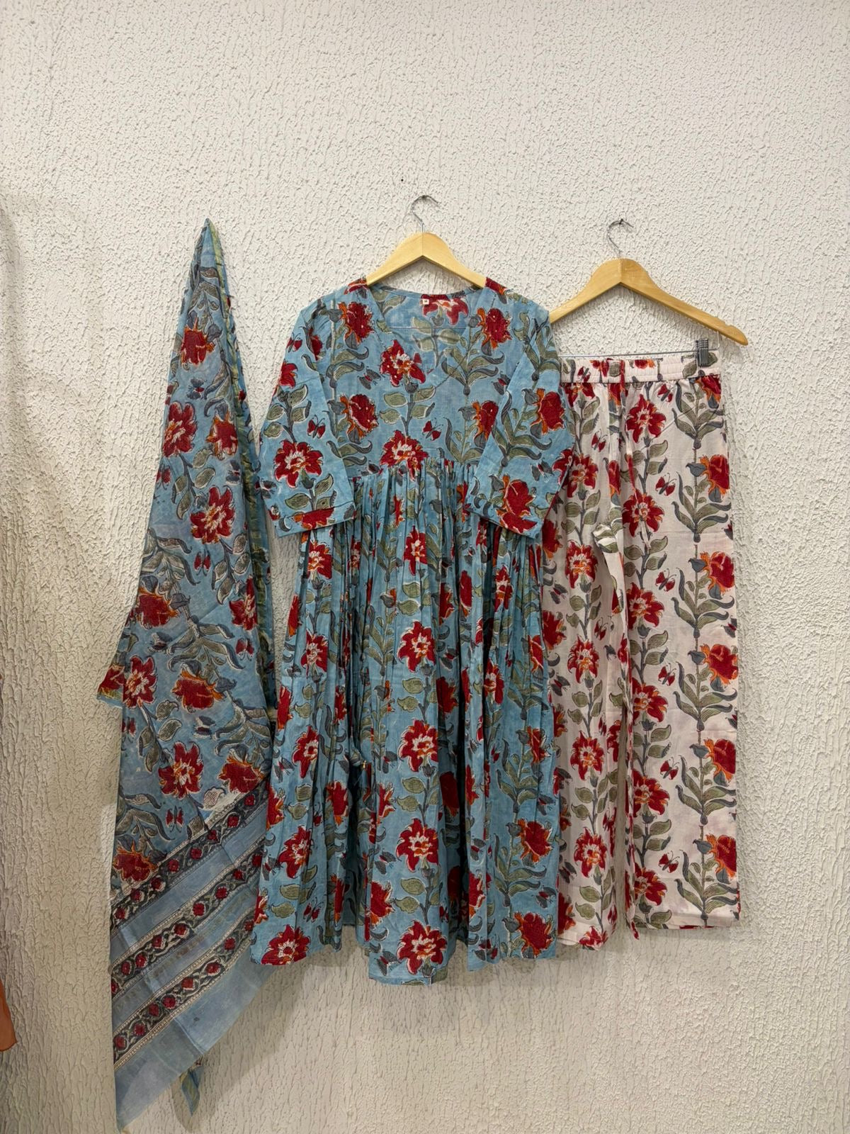 Blue red flower handblock print Cotton Anarkali pants with chandari dupatta