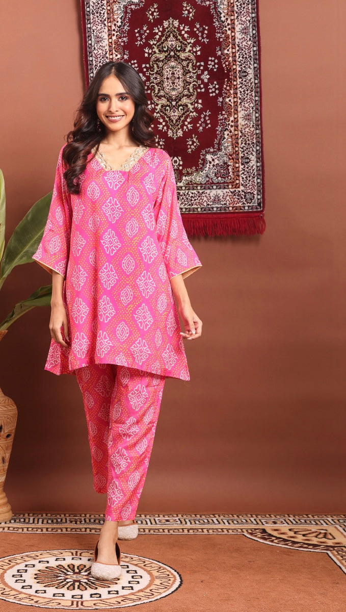 Festive red/pink bandhej co-ord set with adda work on neckline