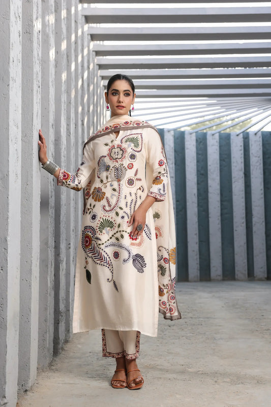 Applique Print Straight Kurti With Pant And Printed Dupatta