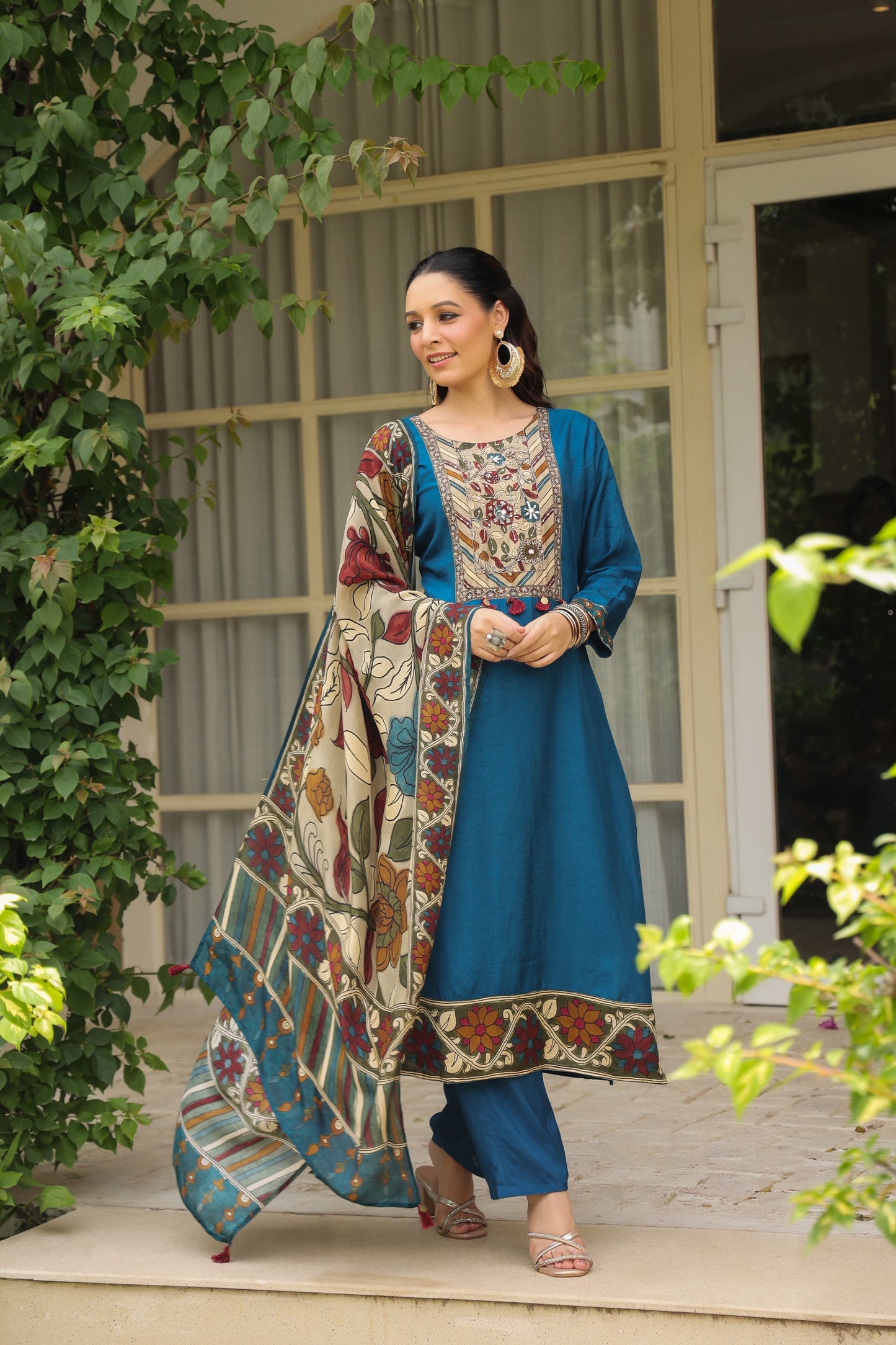 Blue silk Kamkari suit