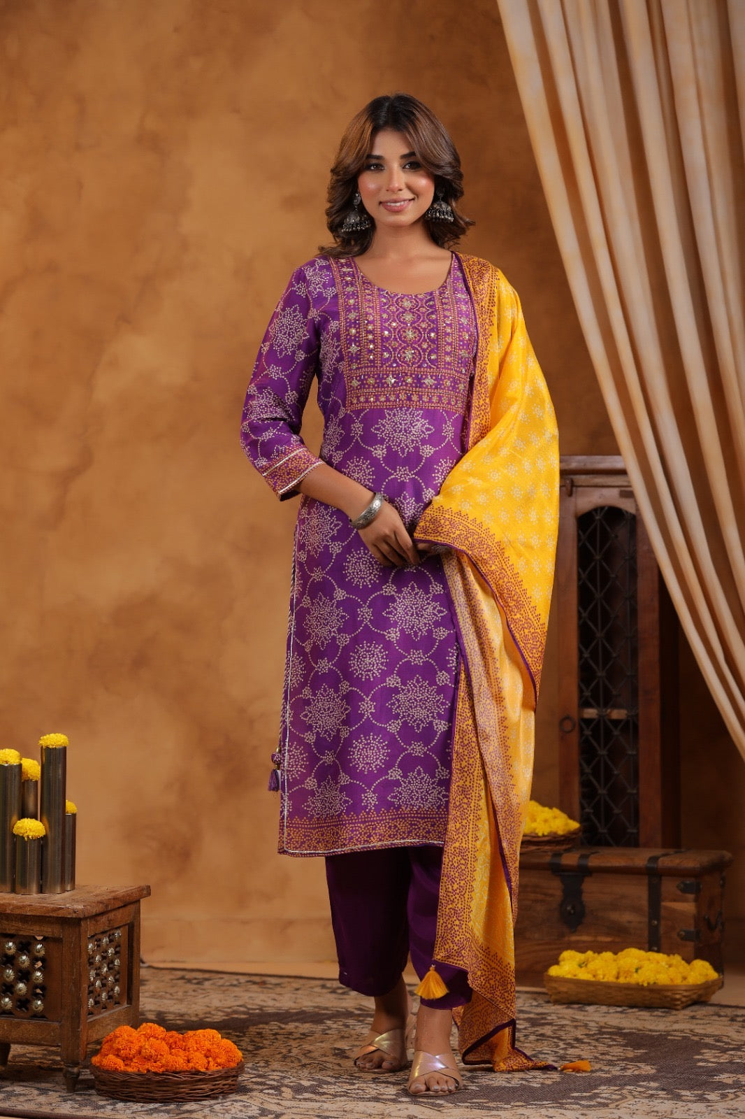 Purple Bandhani mul silk suit