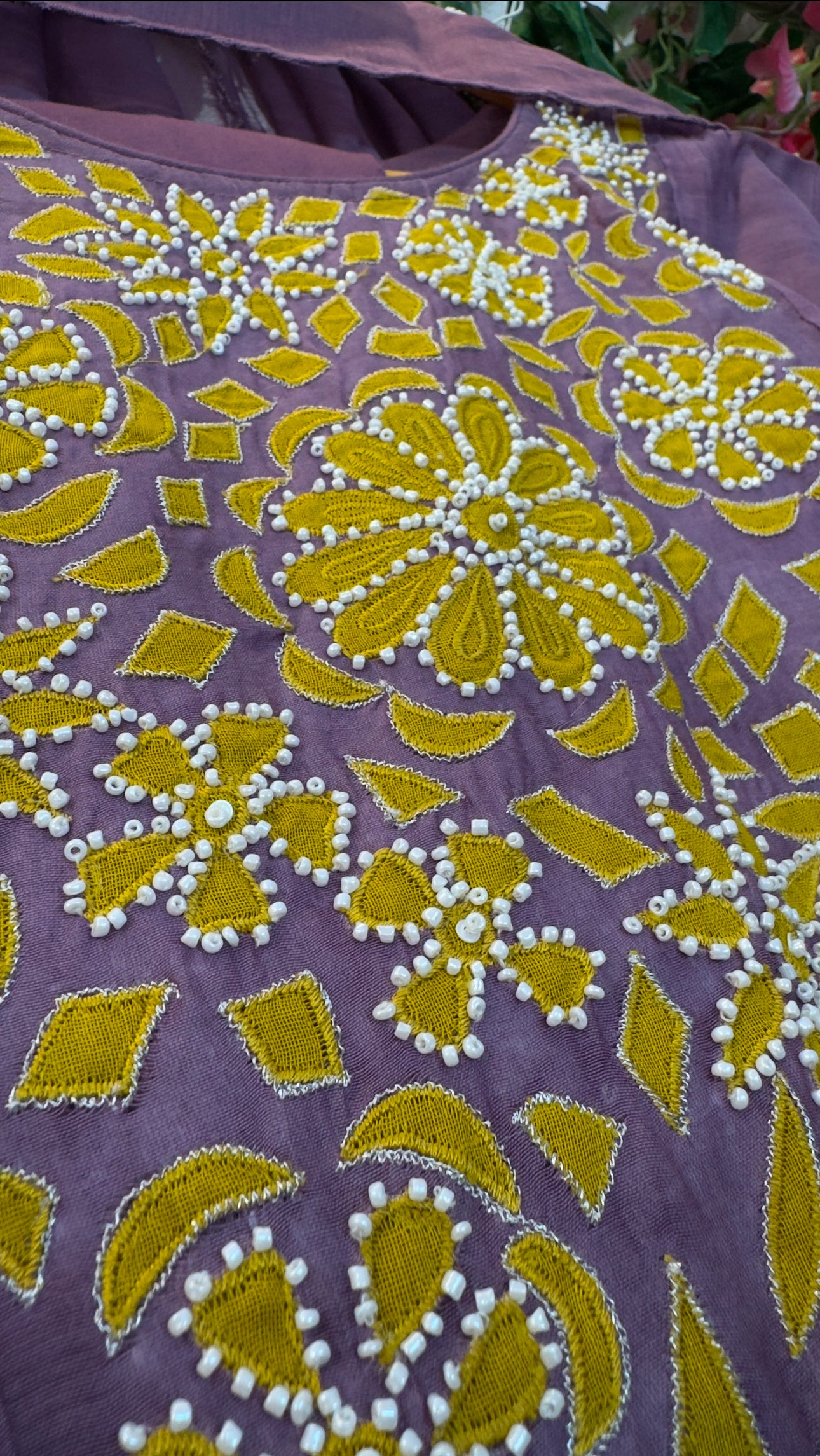 Moti & appliqué mul chandari (yellow/purple)