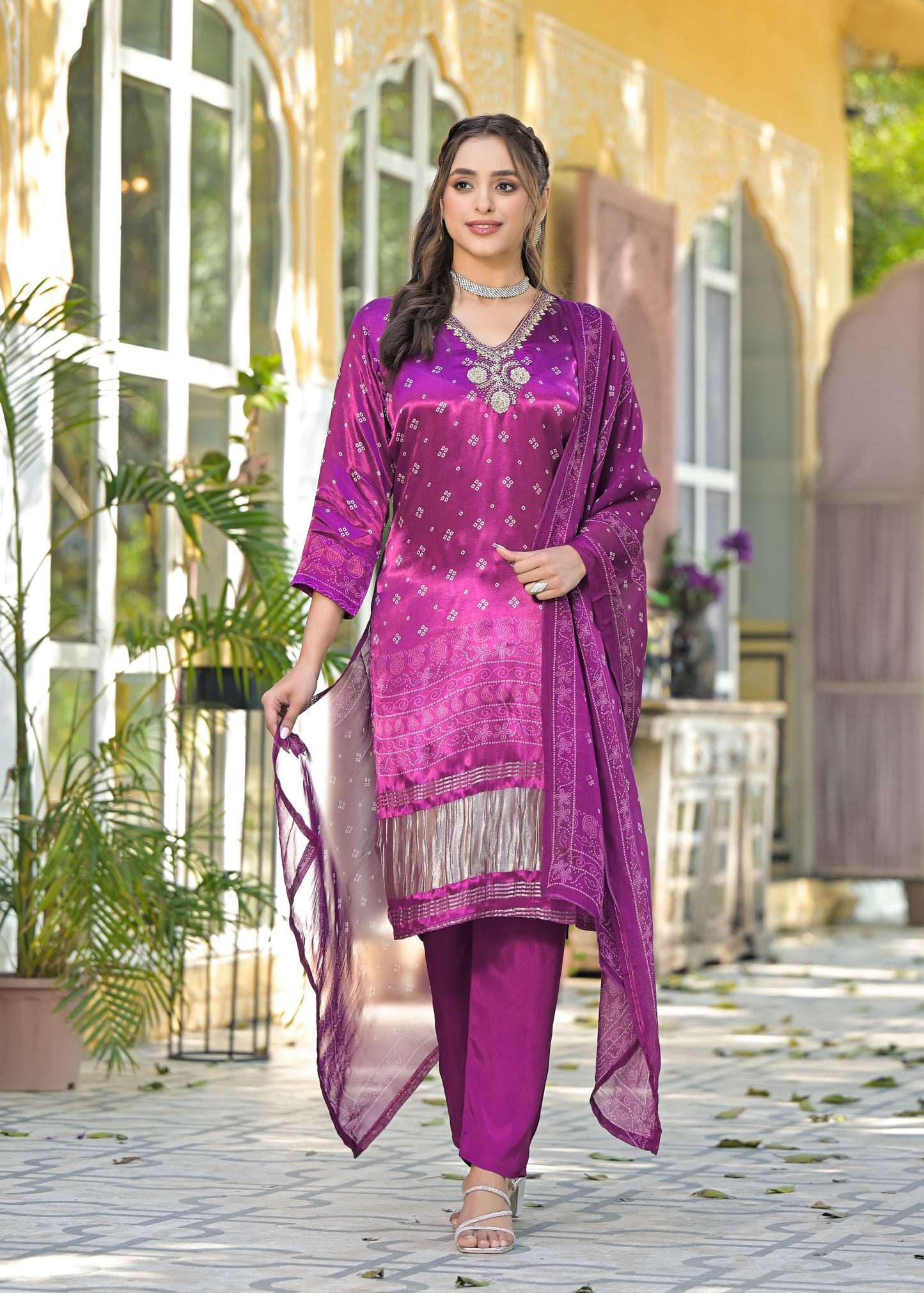 Purple Bandhani gajji suit