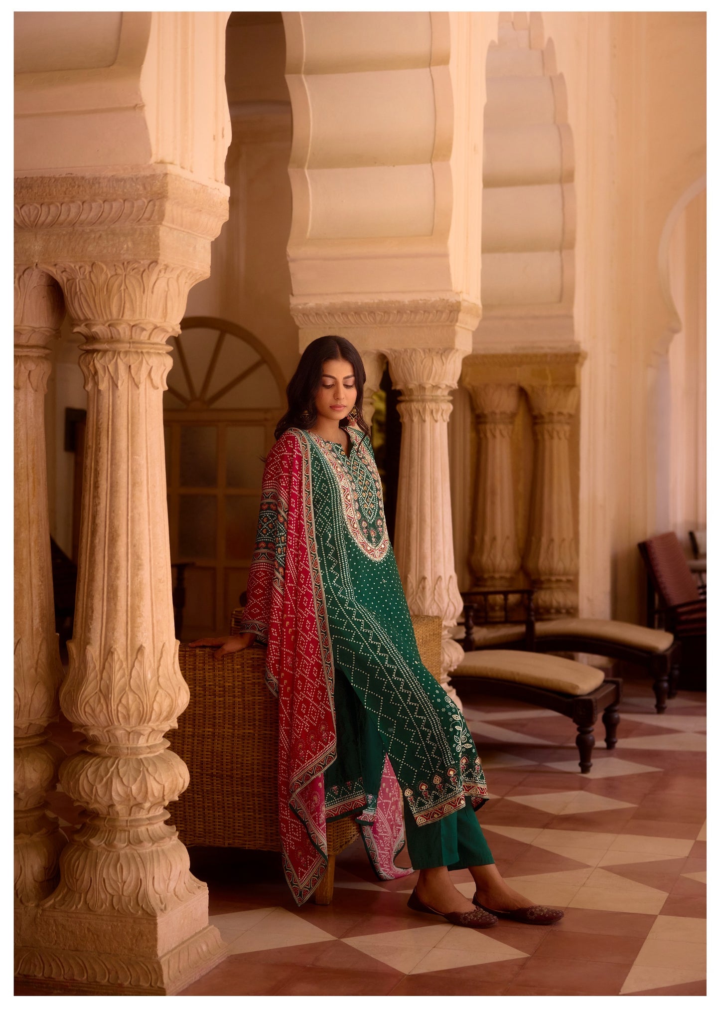 Bottle green Bandhani Russian silk suit