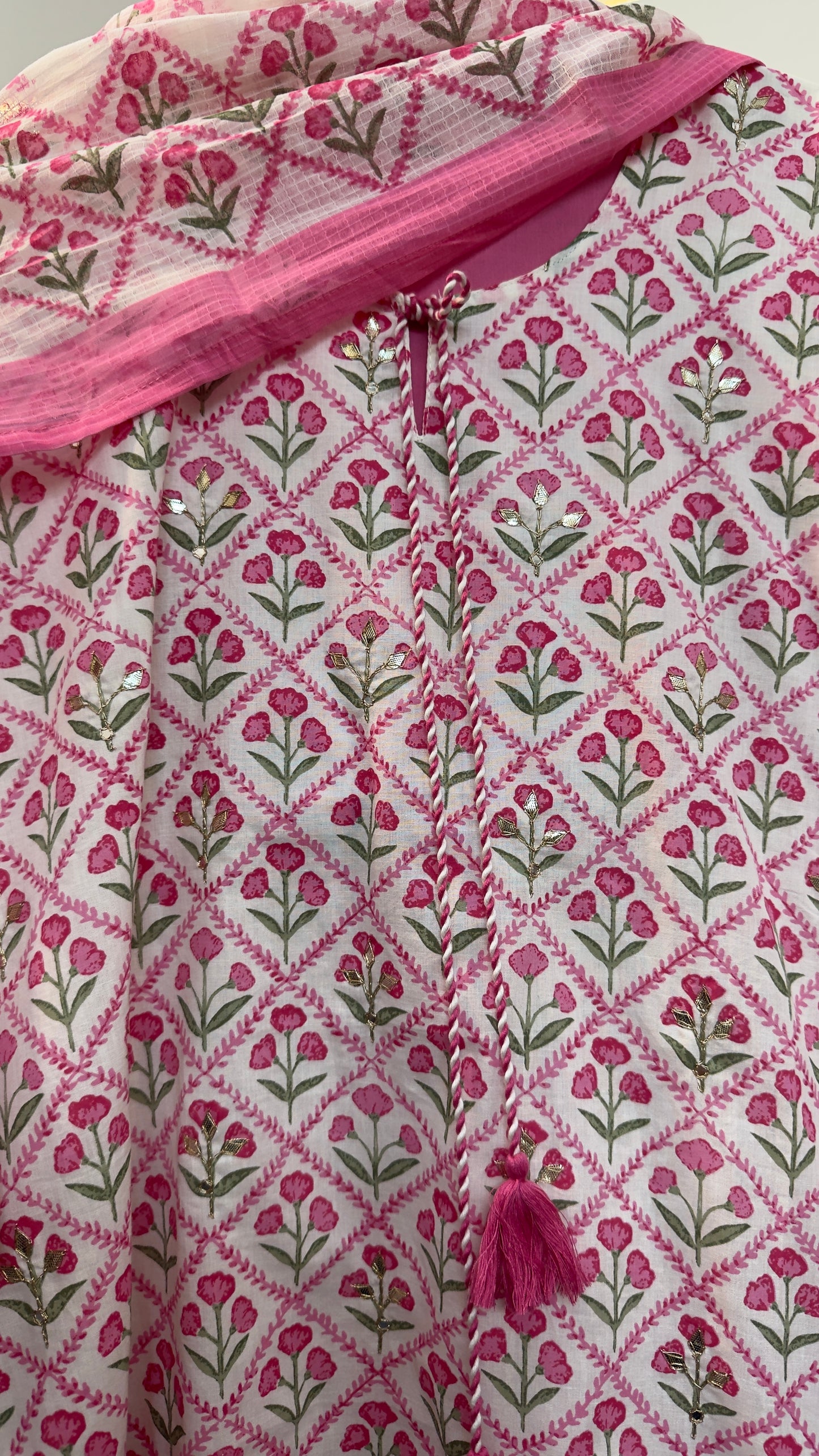 Pink cotton block kota doria dupatta suit