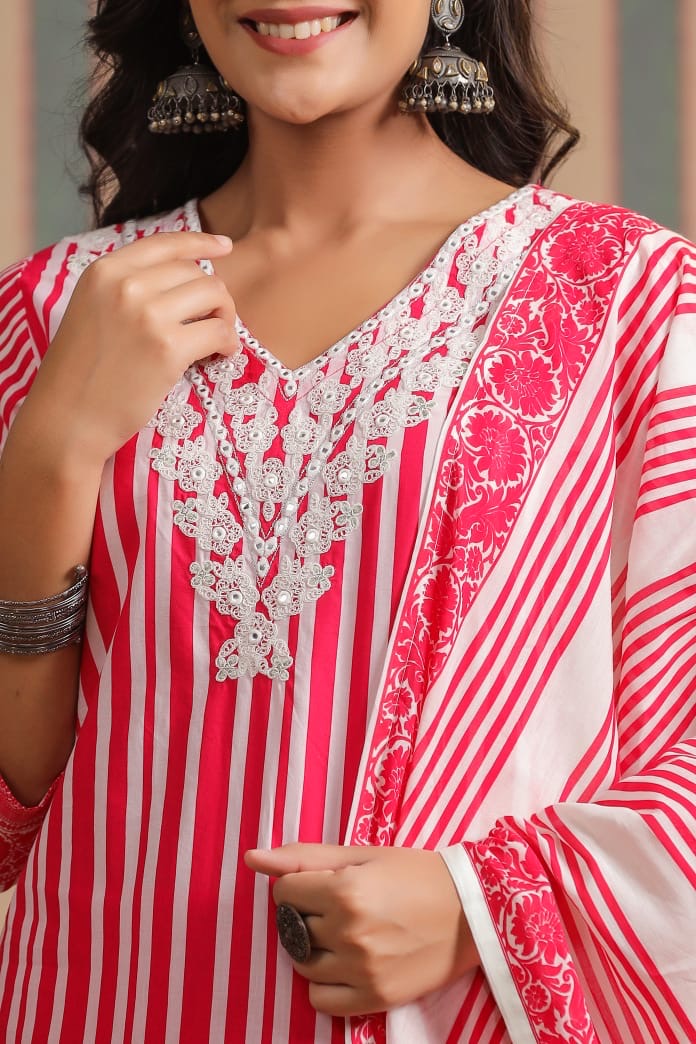 Strip cotton kurta pant duppata set