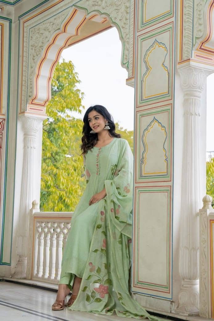 Hand print Greeny mul cotton