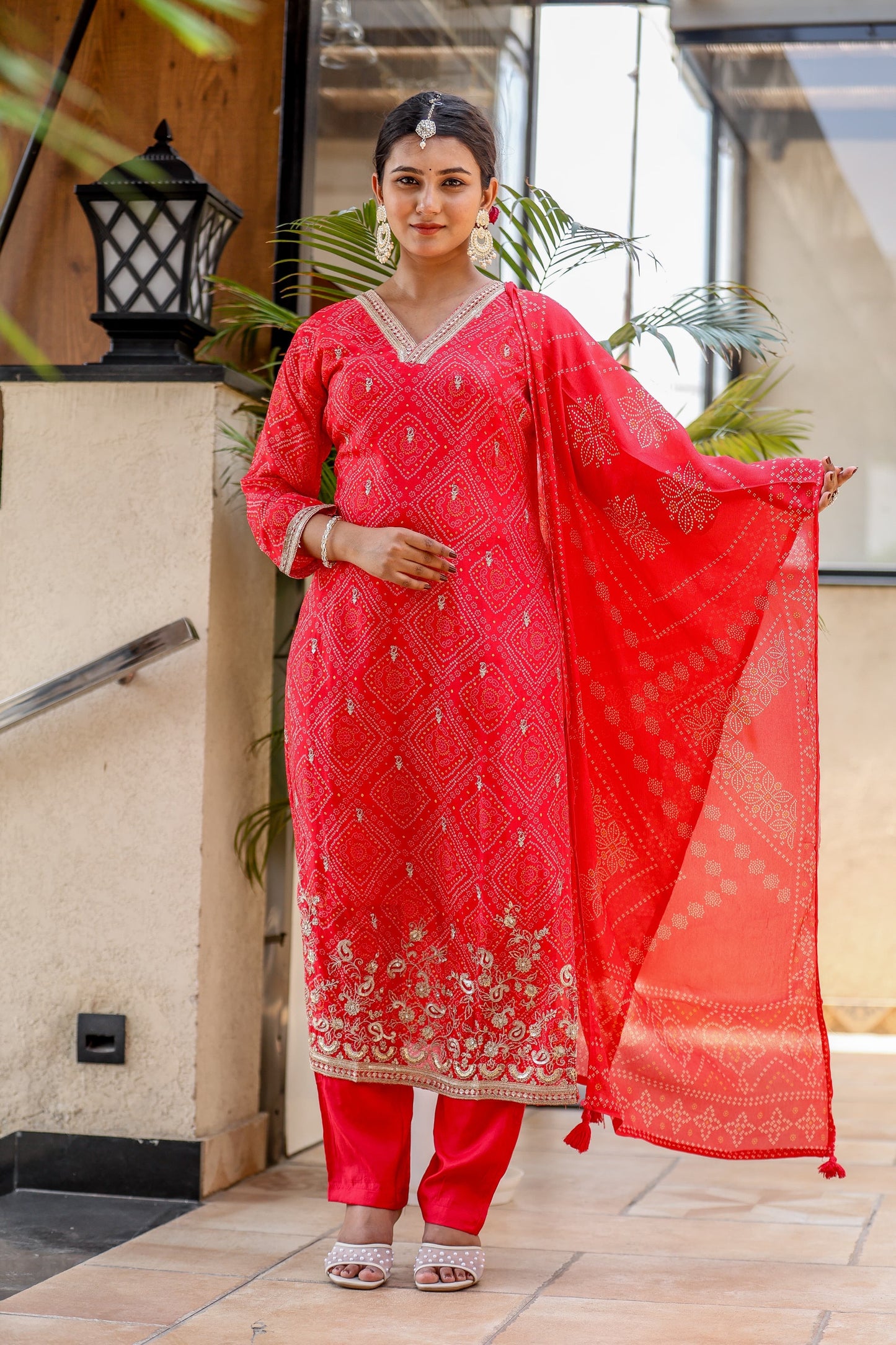 Bandhani red chinon suit