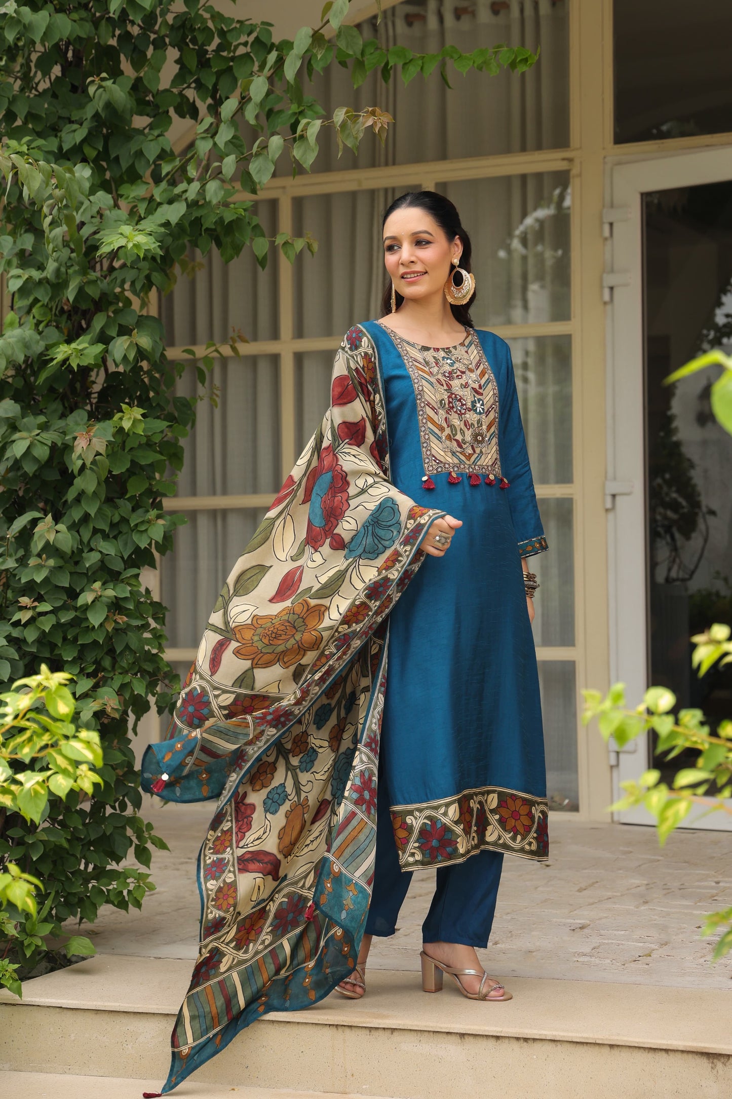 Blue silk Kamkari suit