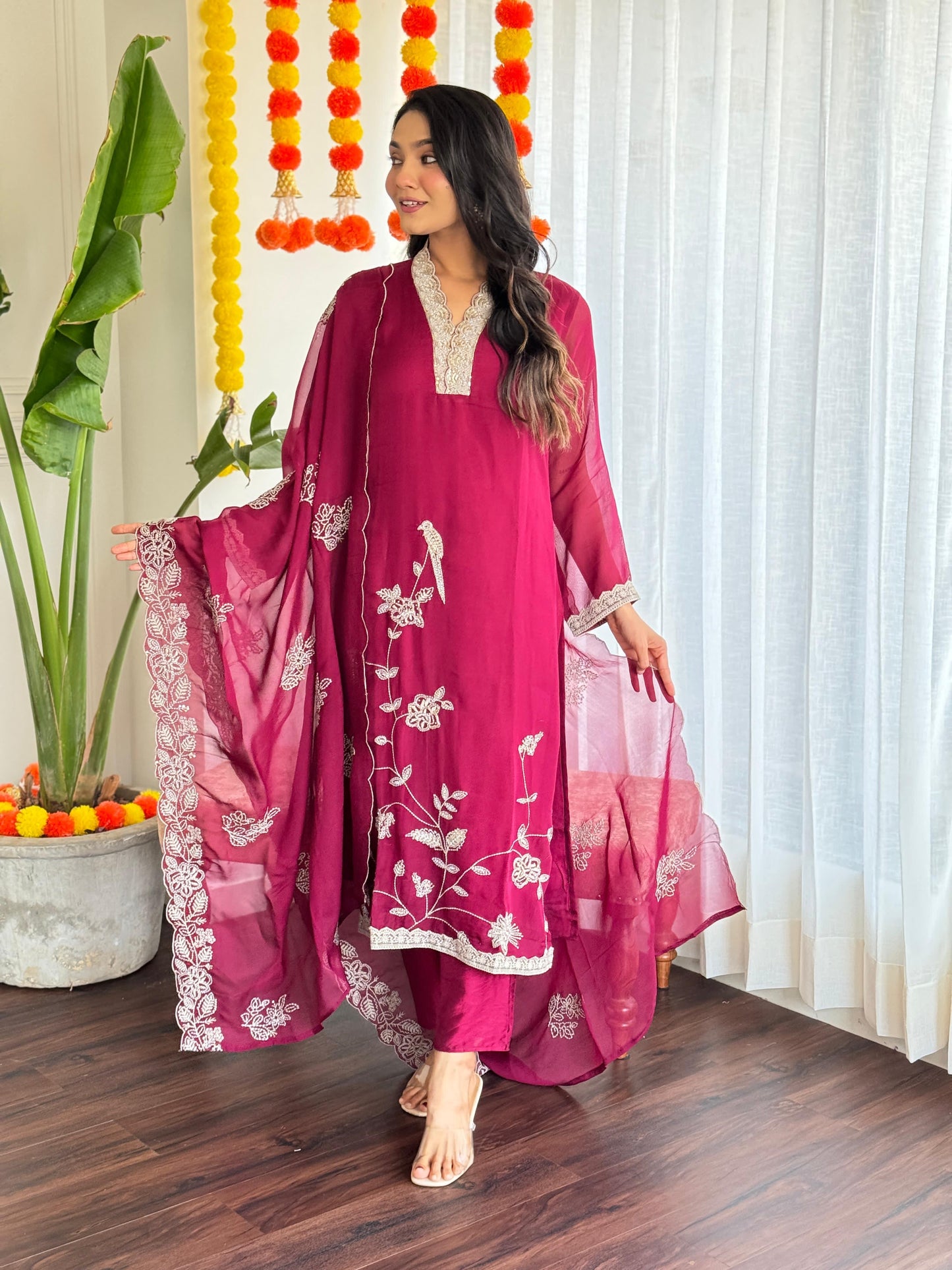 Soft v neck organza embroidery
