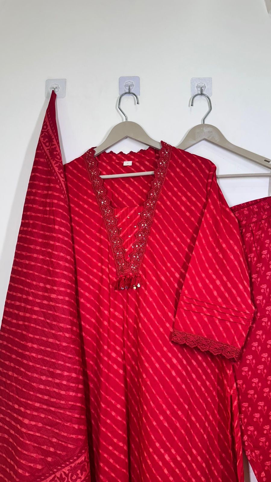 Cotton red lehriya staright suit
