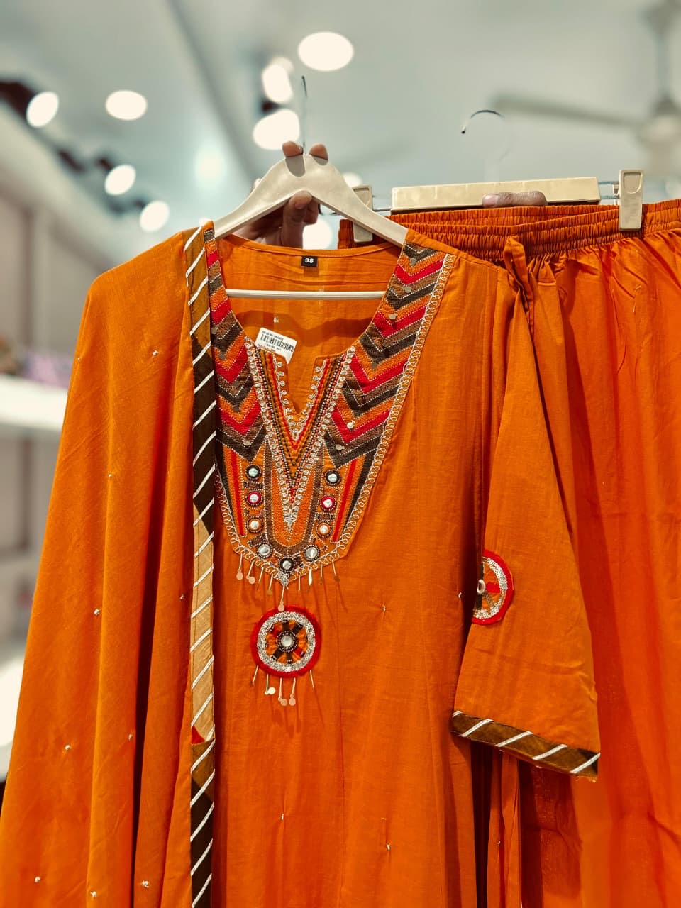 Rust Pure cotton Anarkali with beautiful embroidery yoke crush dup and pants