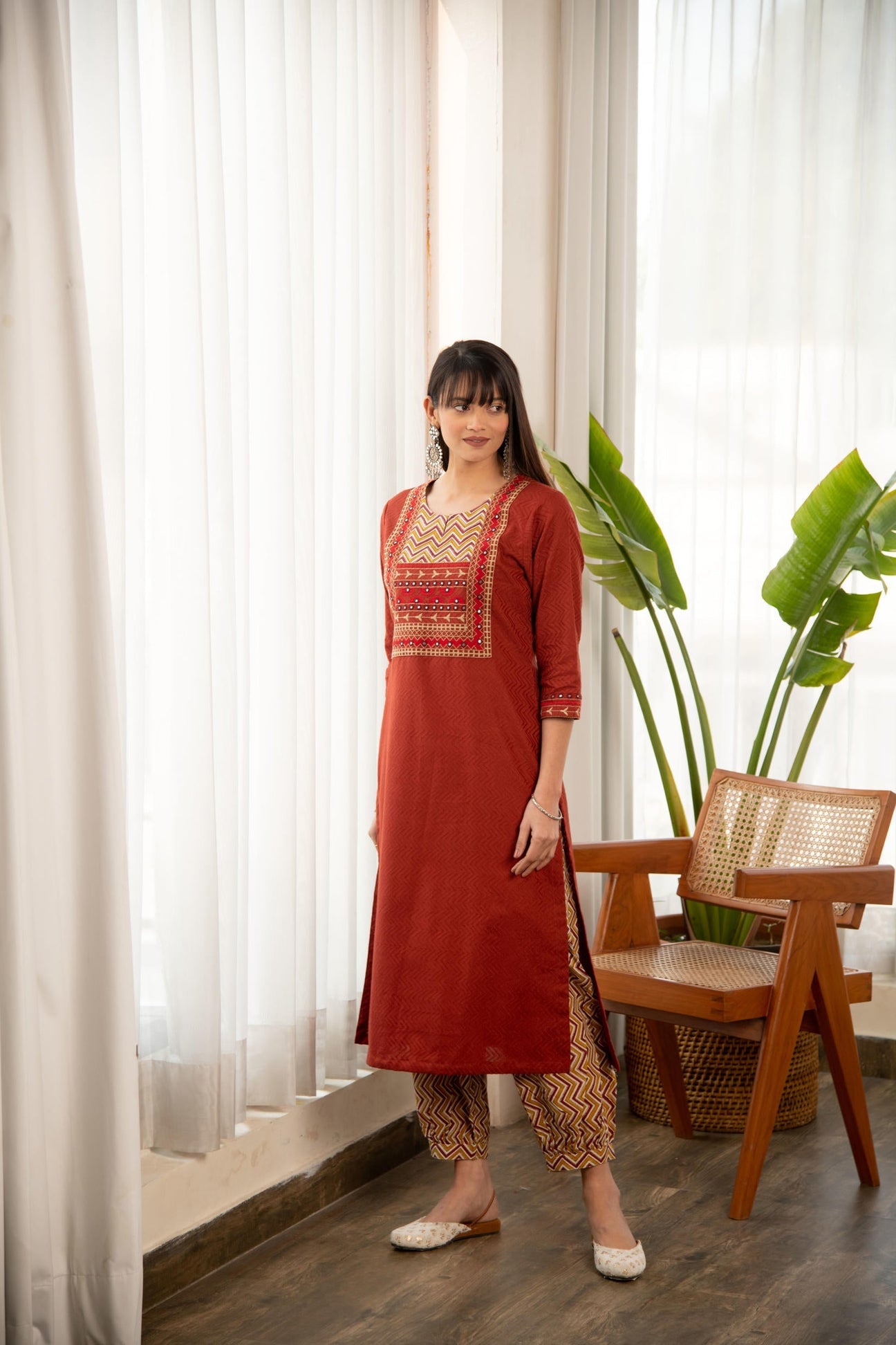 Rust Dobby Straight Kurta with Afghani bottom