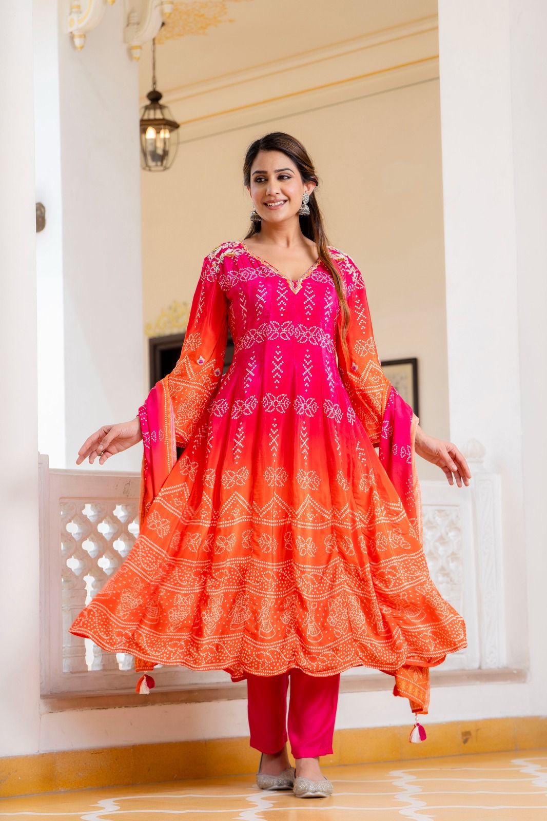 Pink orange Bandhani crepe Aline suit