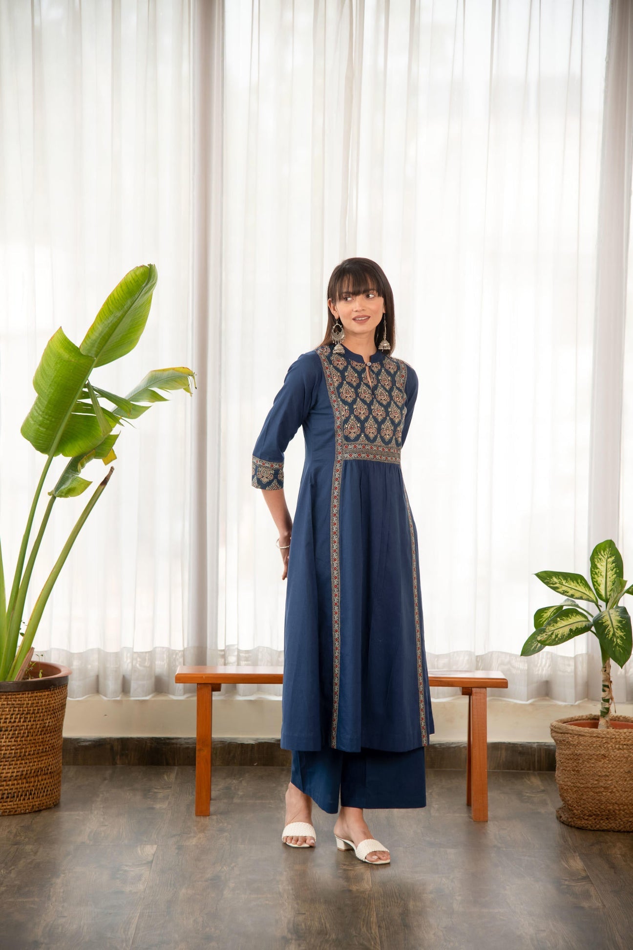 Indigo Blue Cotton Printed Yoke A-Line Kurta