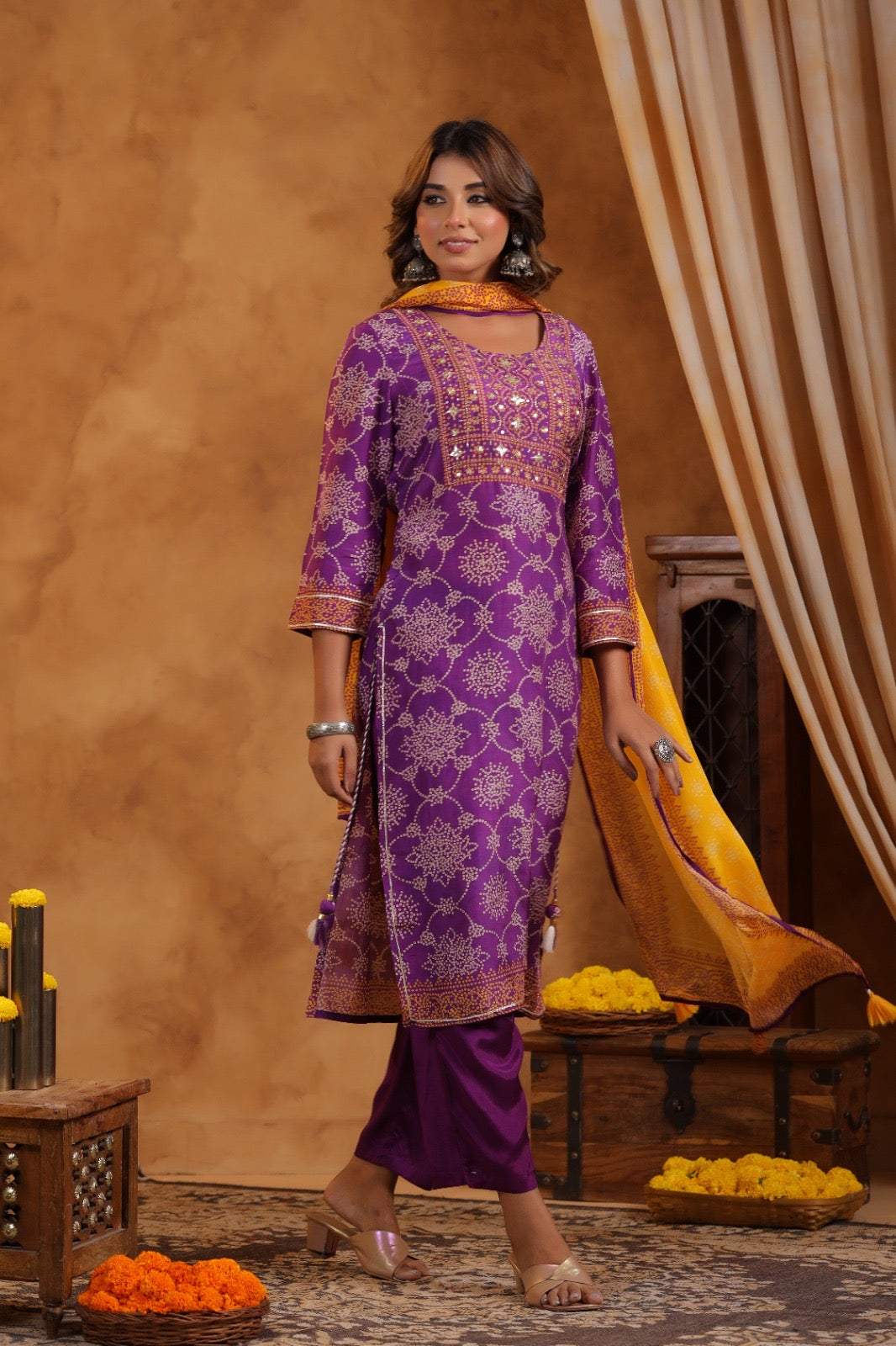 Purple Bandhani mul silk suit