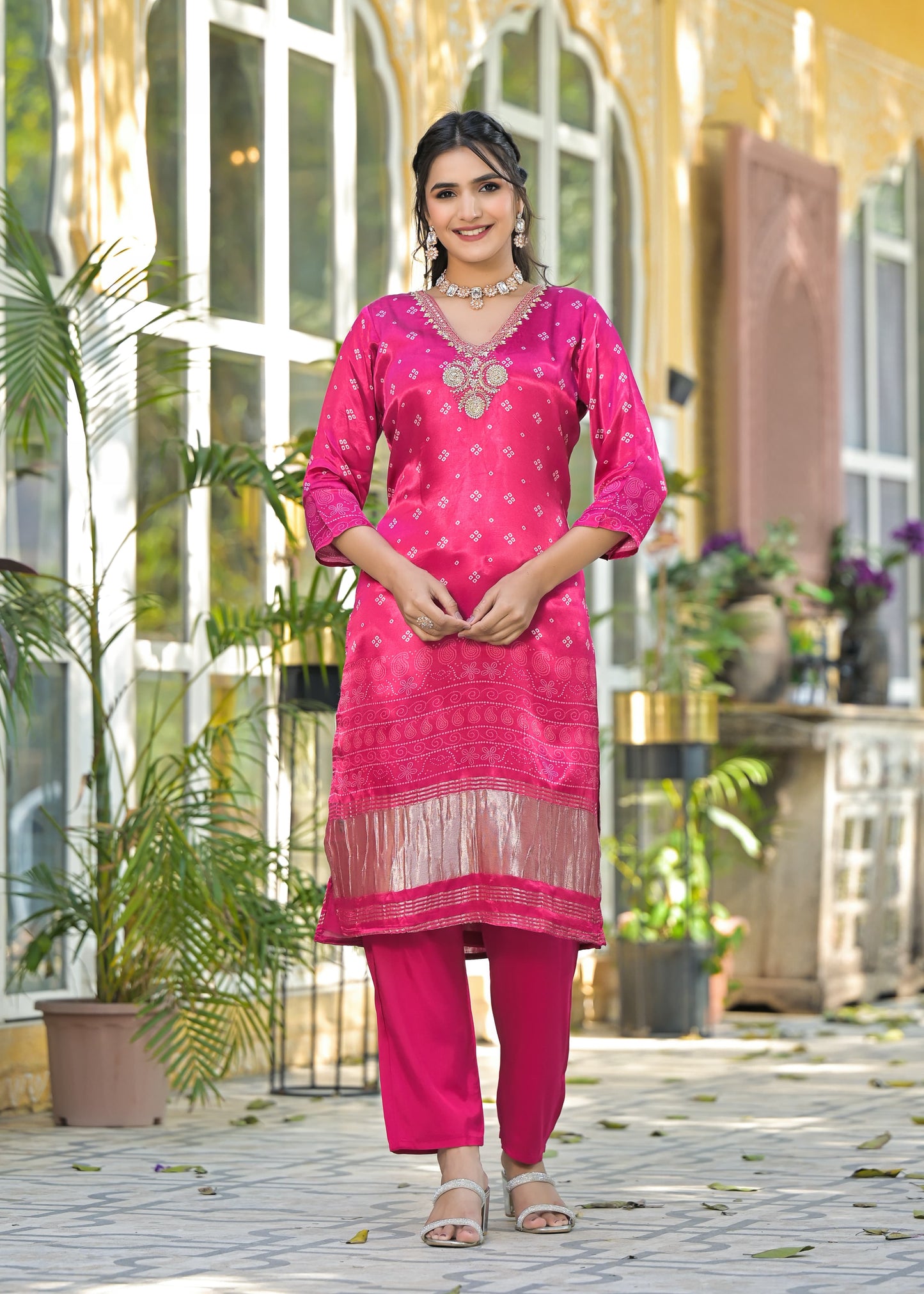 Pink Bandhani gajji suit
