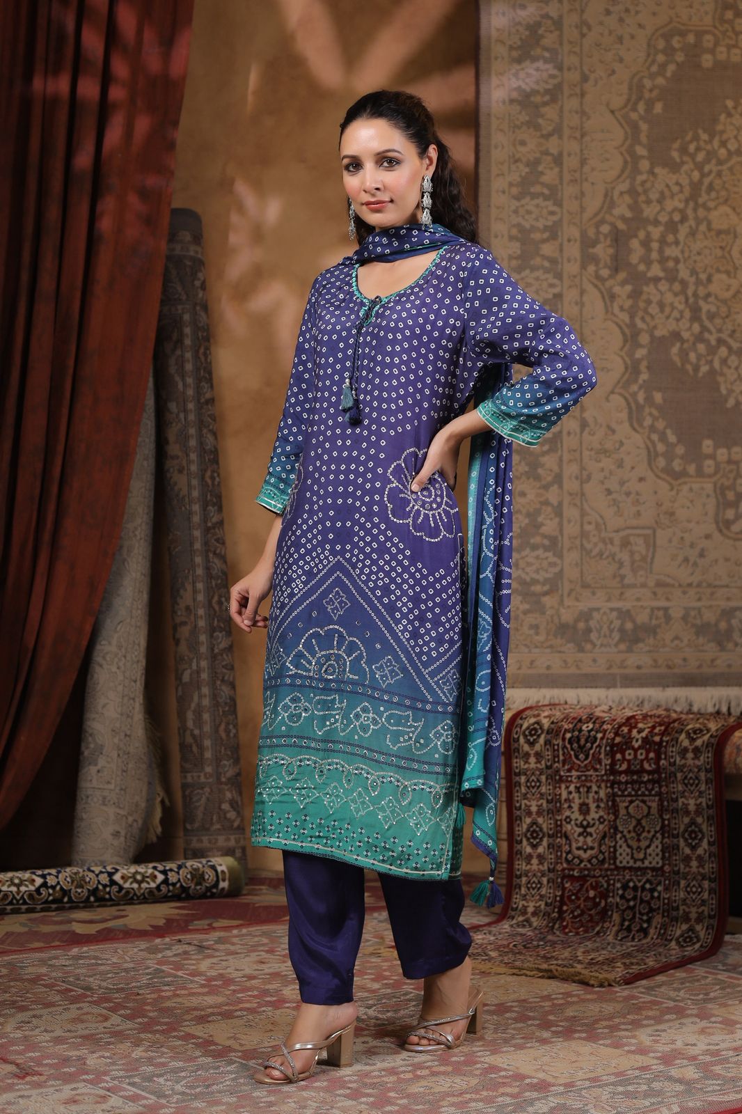 Blue Bandhani muslin silk suit