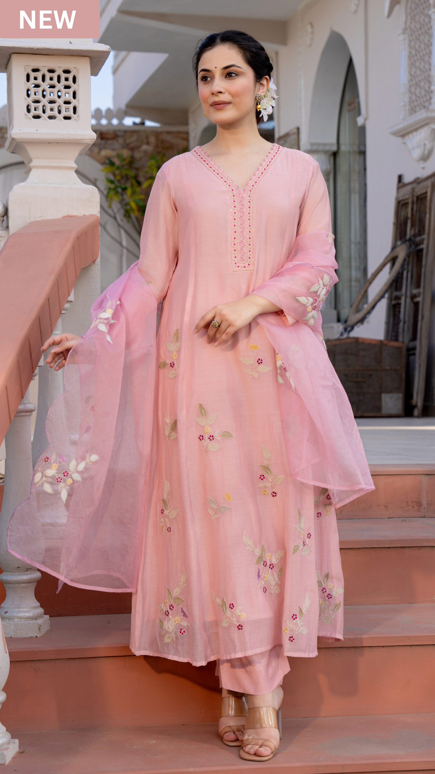 Onion pink Mul Chanderi embroidered Aline Kurti with pants and dupatt