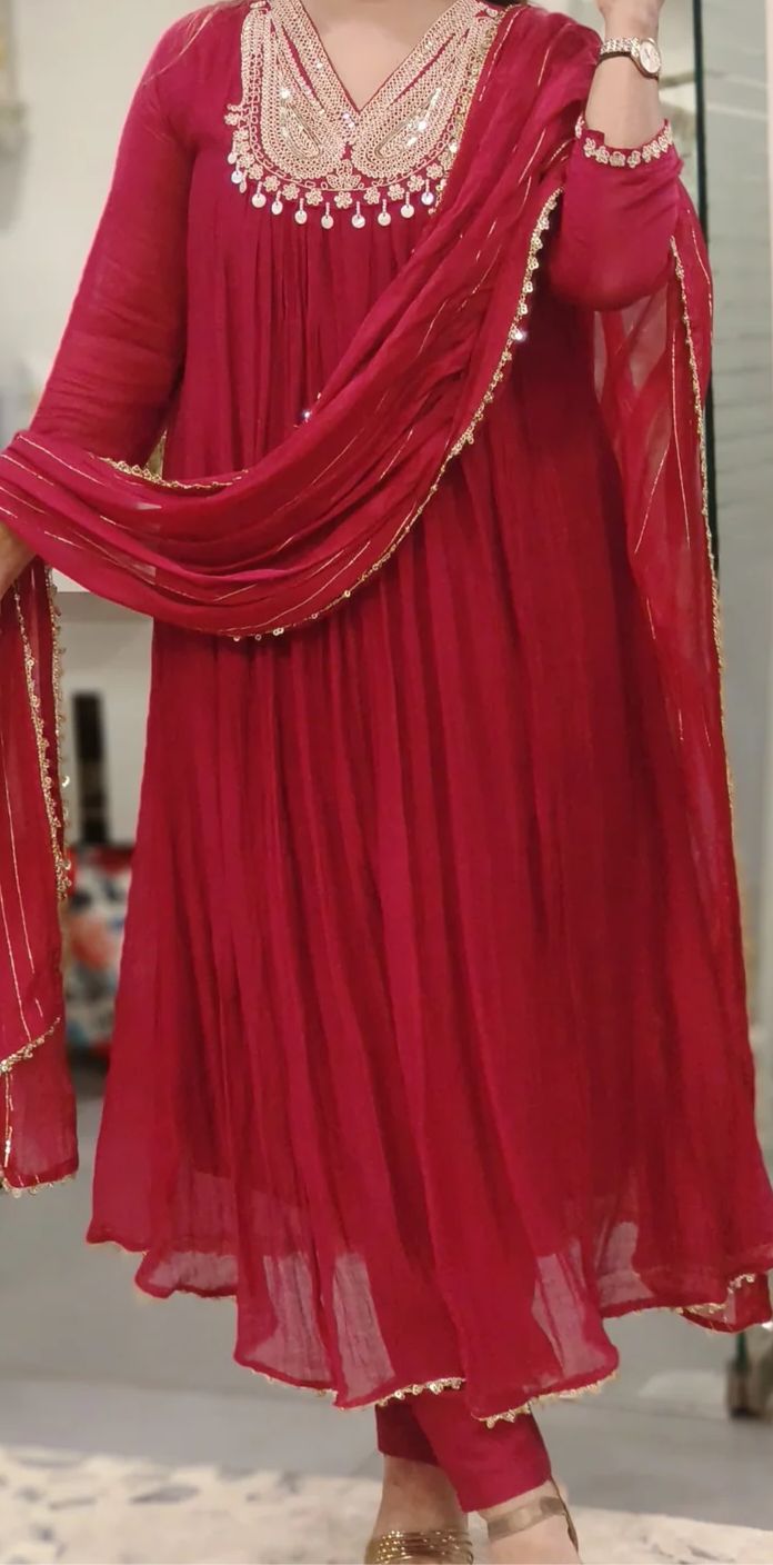 Hand work aline beautiful mul chandari suit