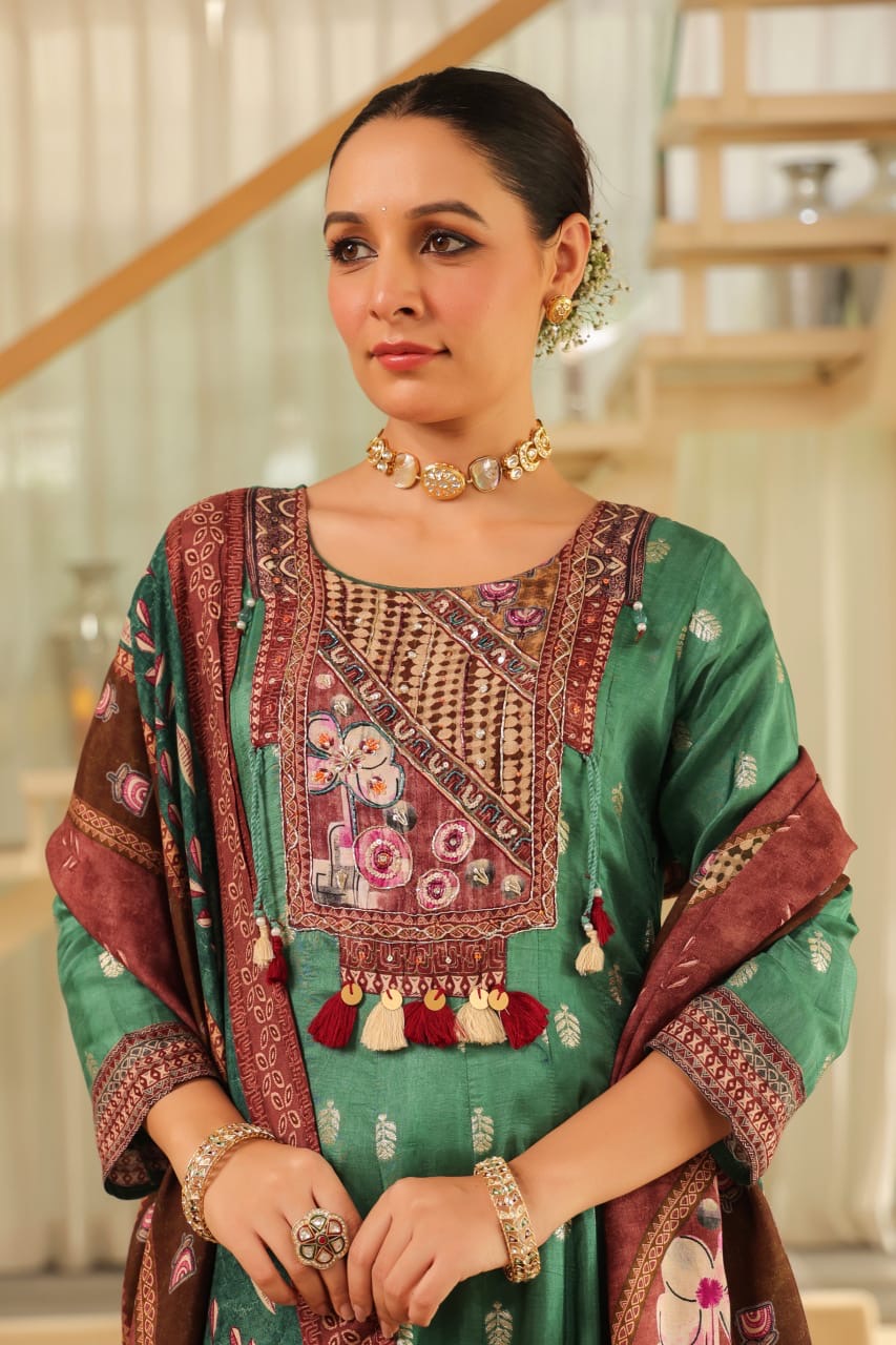 Beautiful green Boho Look Panel Anarkali Full Suit Set With Dupatta In Dola Silk Fabric