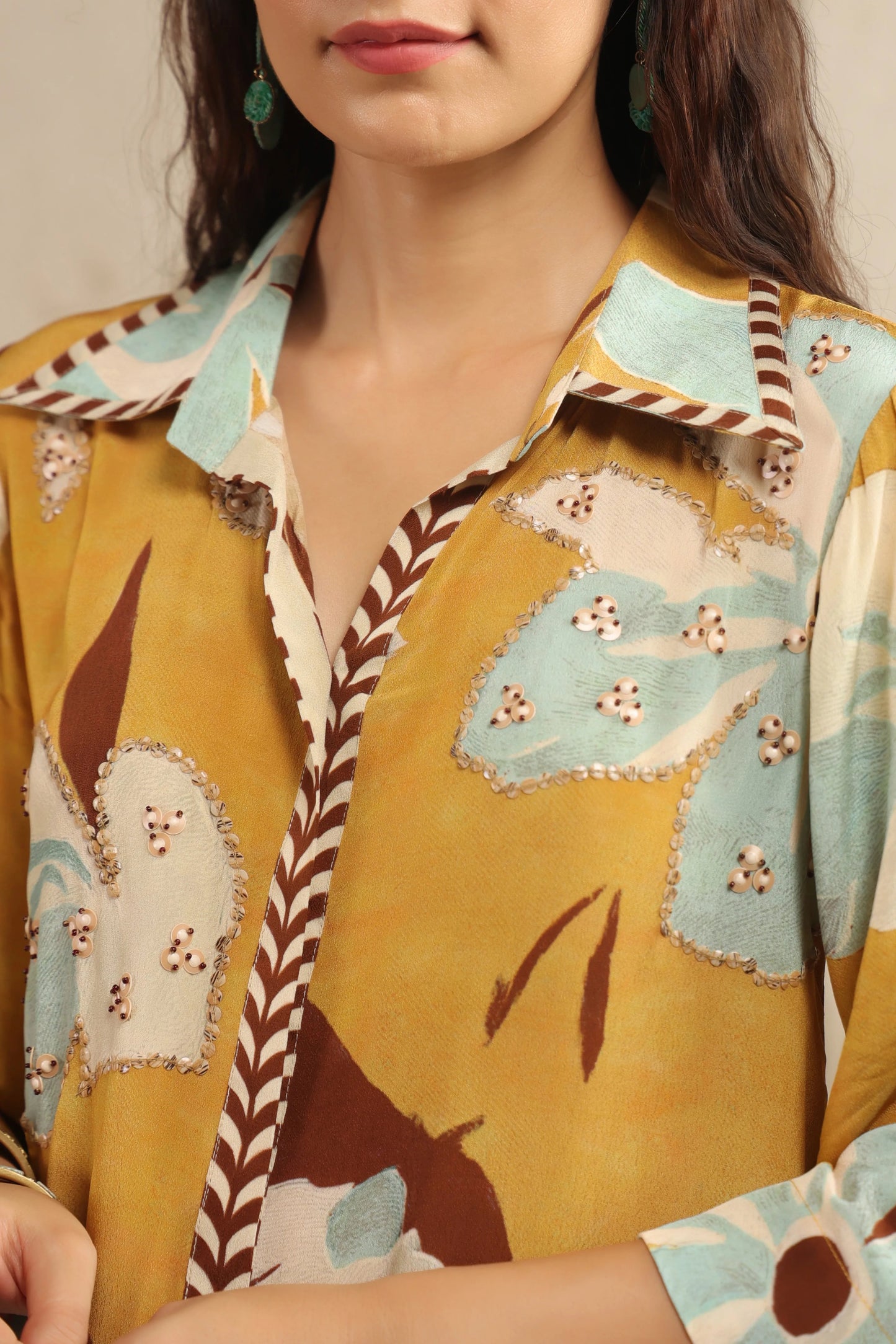Crepe printed co ord set with handwork