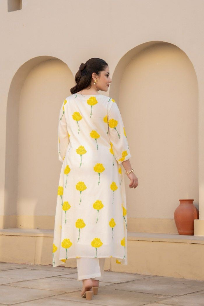 White with yellow flower cotton kurta pant