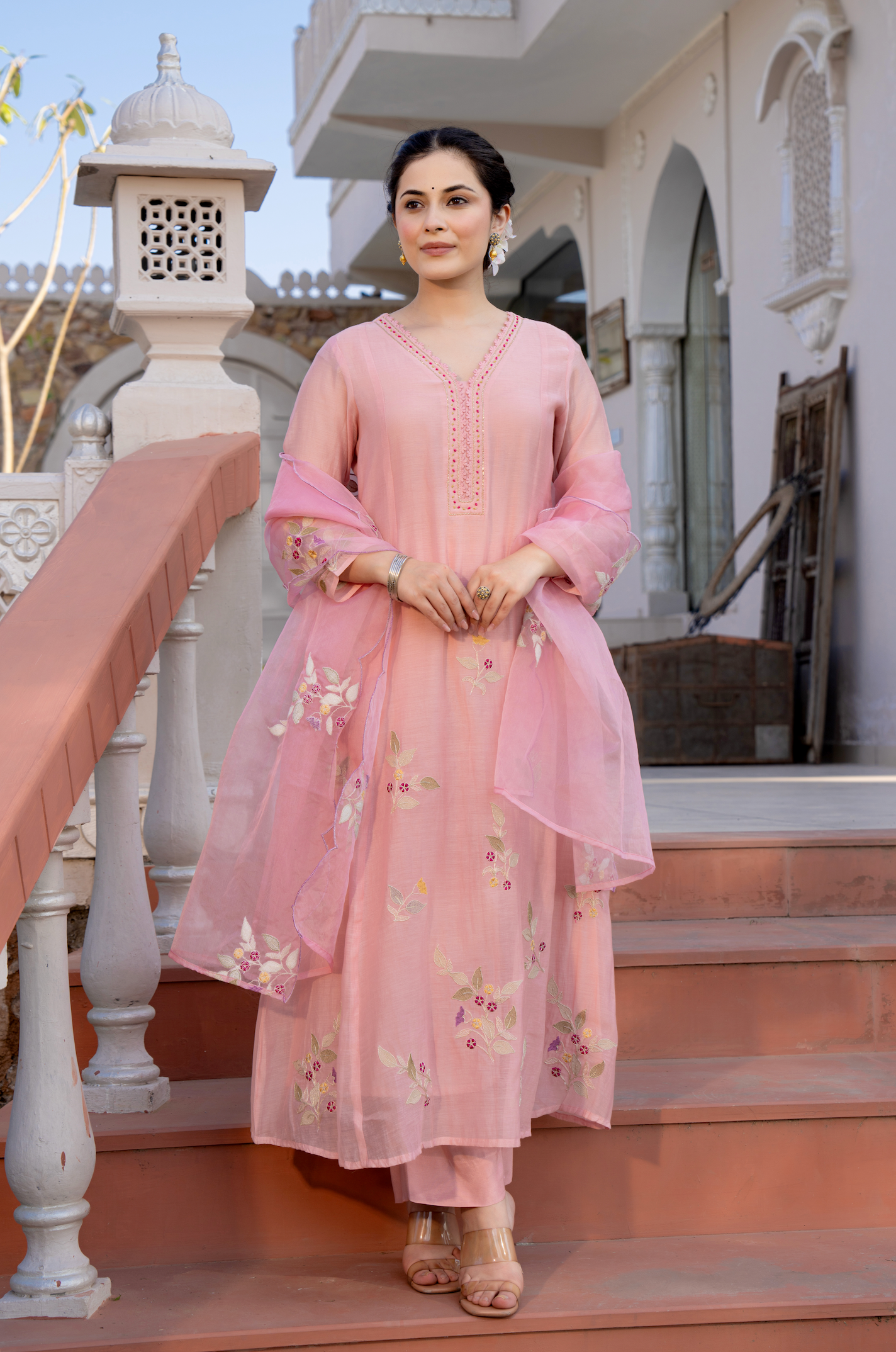 Onion pink Mul Chanderi embroidered Aline Kurti with pants and dupatt