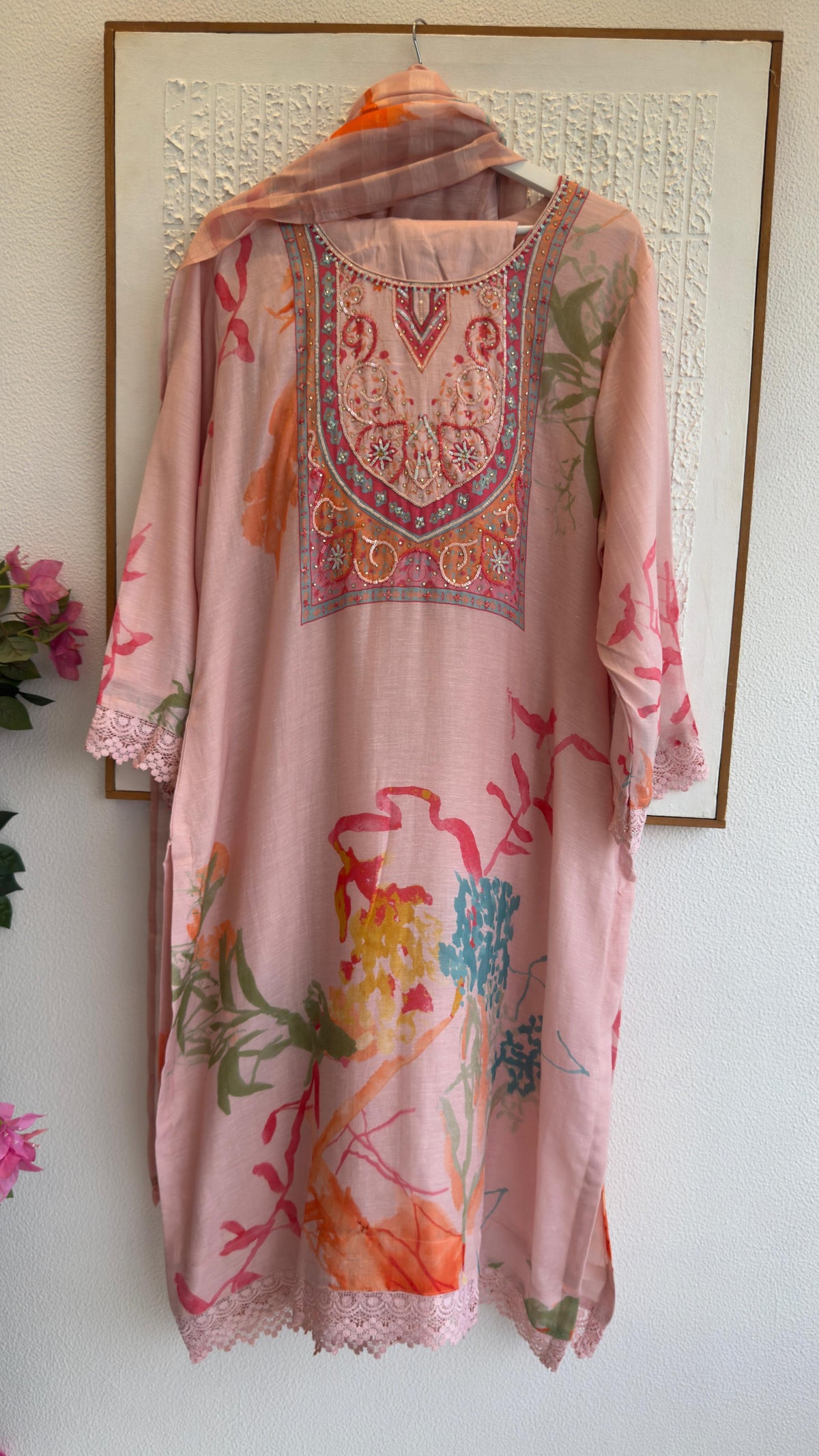Premium linen digit print suit with soft organza dup and cotton silk plazoo