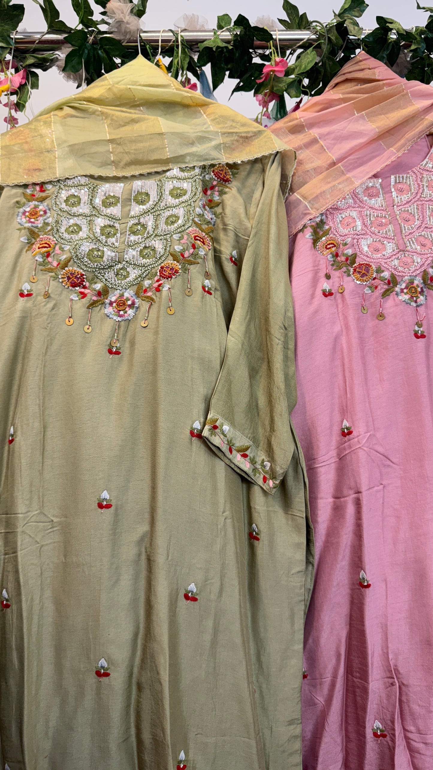 Baby pink / green silk suit with tissue Dupatta