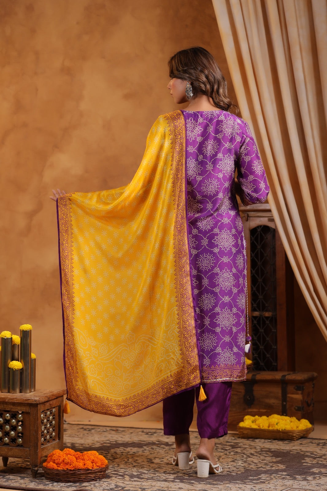 Purple Bandhani mul silk suit