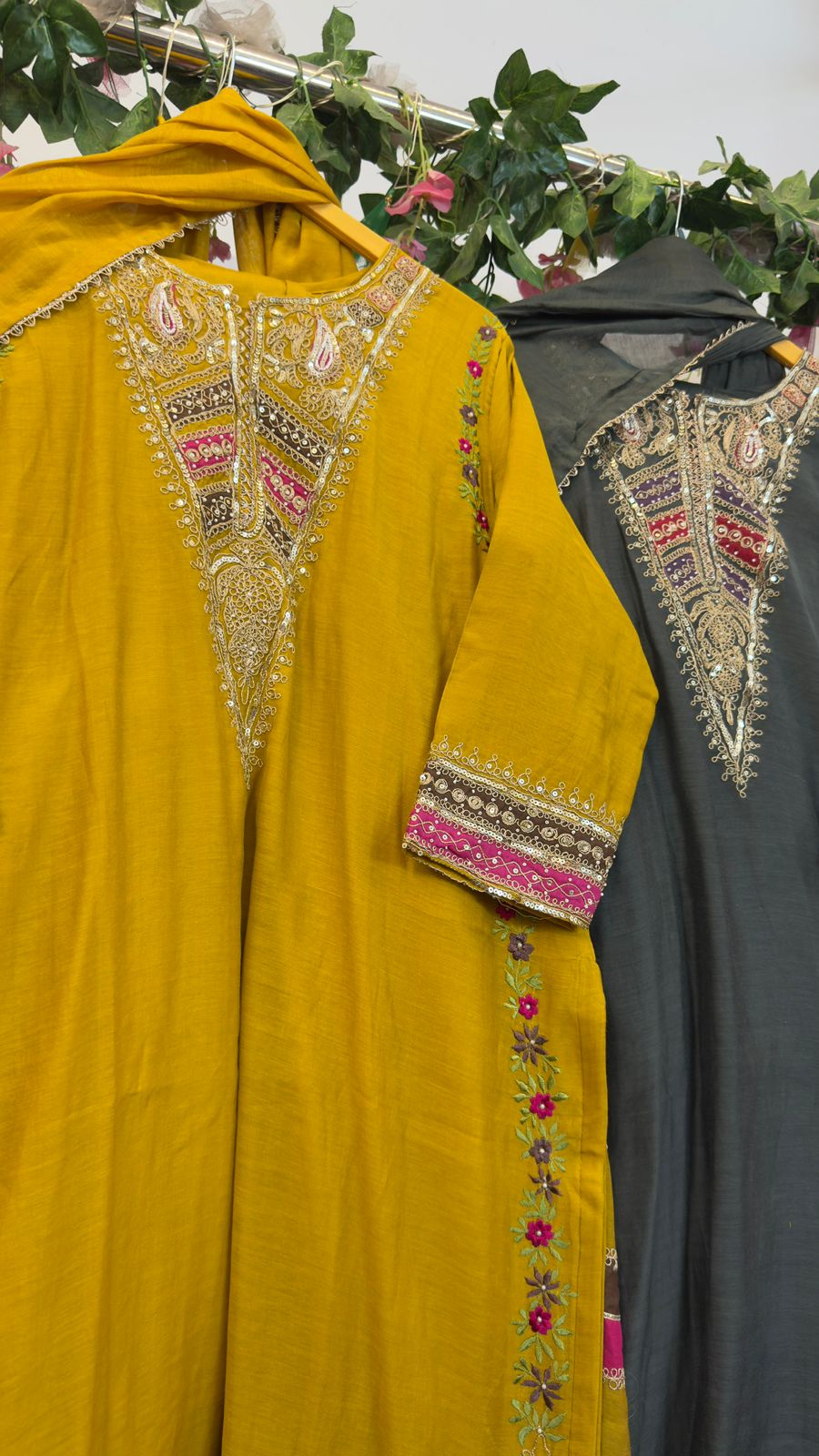 Side slit handwork straight mul chandari suit