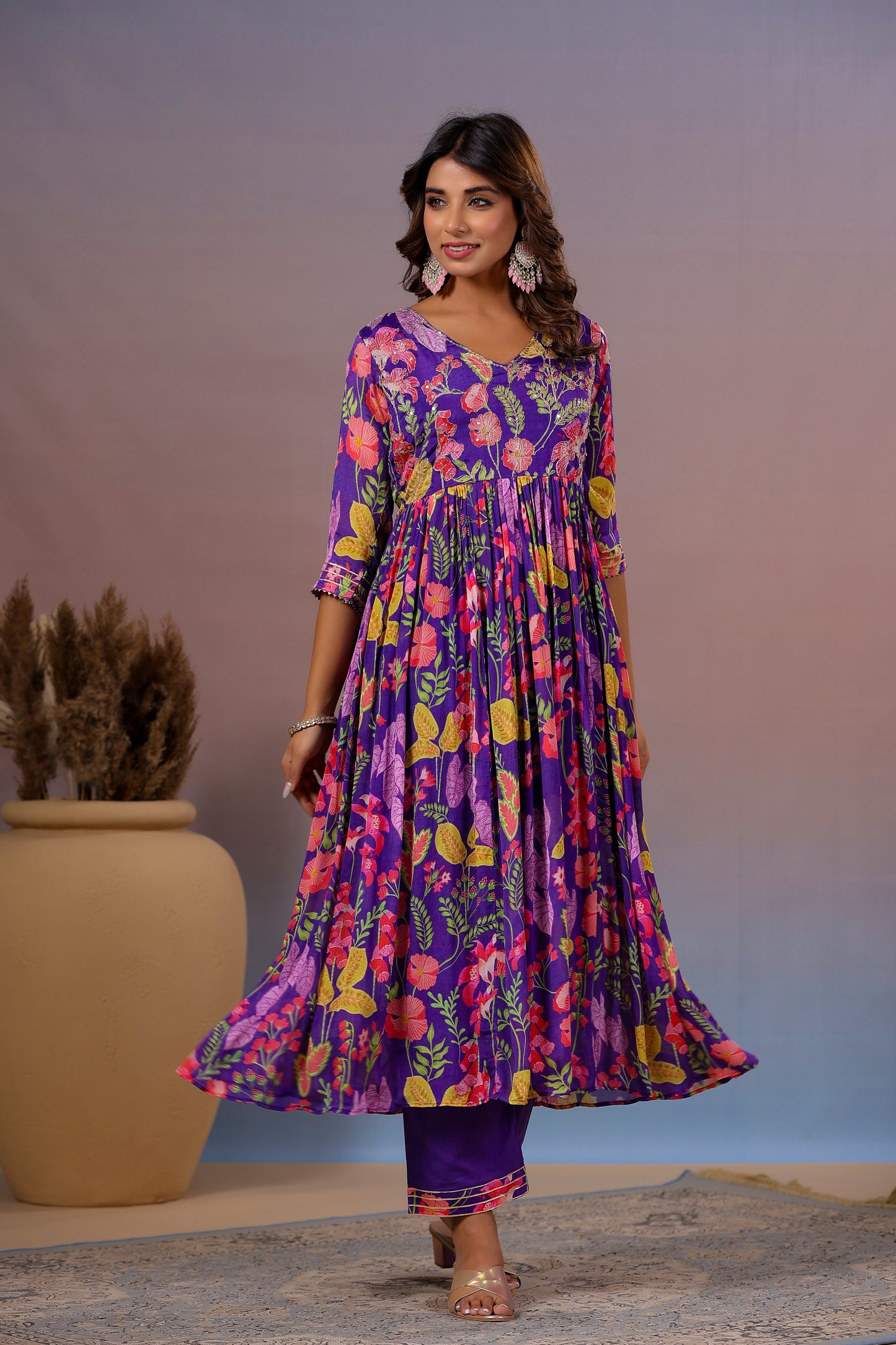 Purple floral chinon kurta pant