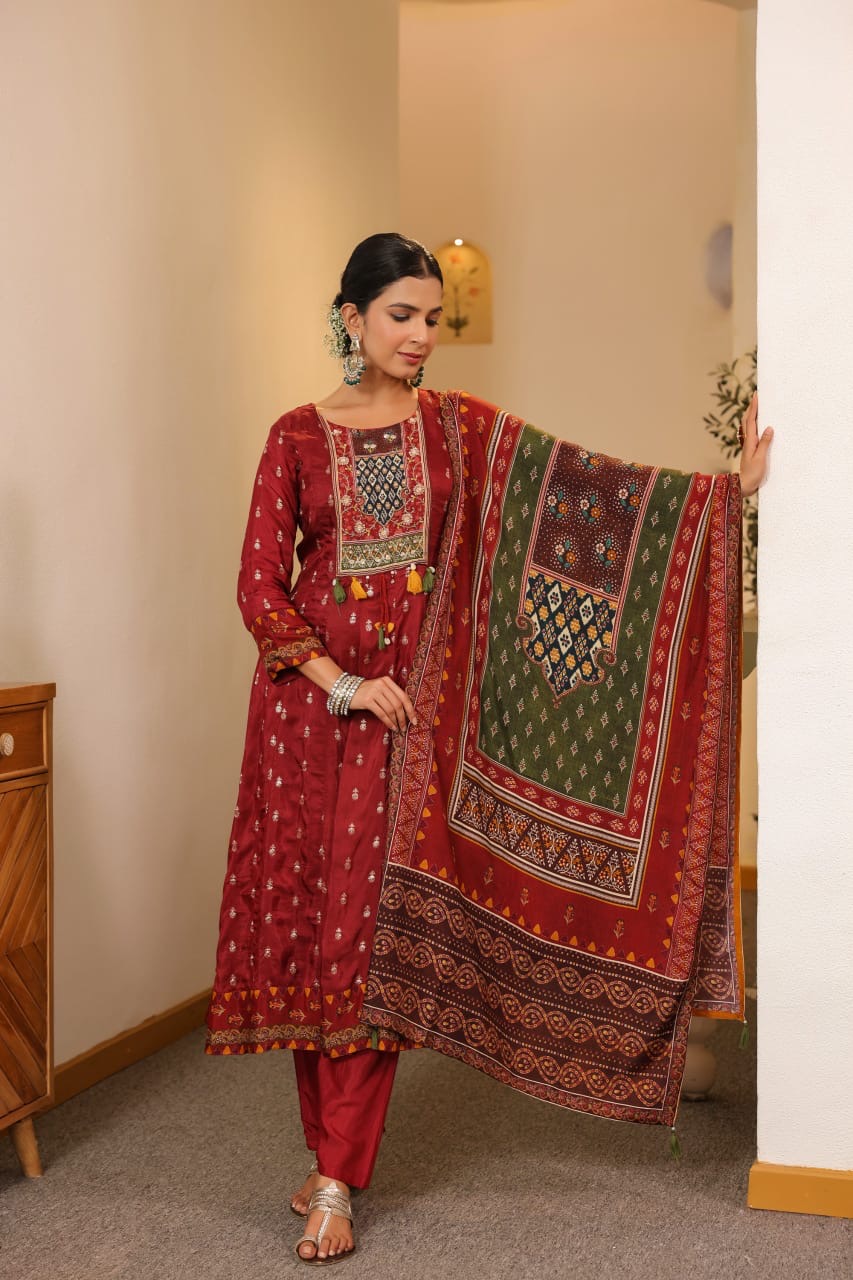 Beautiful maroon Boho Look Panel Anarkali Full Suit Set With Dupatta In Dola Silk Fabric