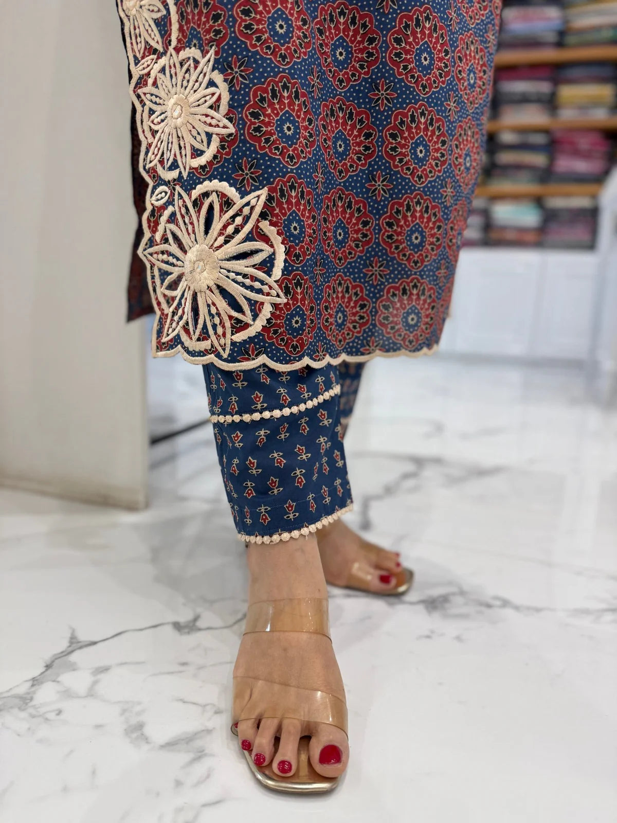 Cotton blue ajrakh cut work