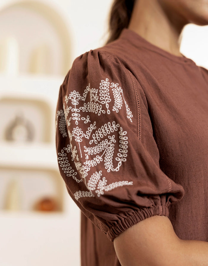 LAMHE EMBROIDERED FRONT OPEN KURTA SET-BROWN