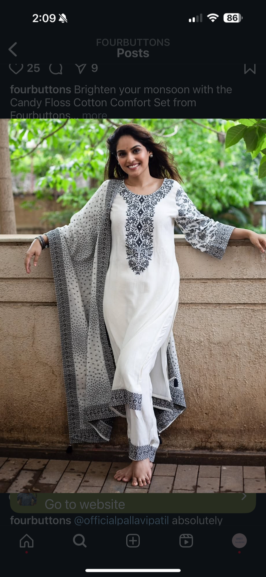 Jamdani white black suit