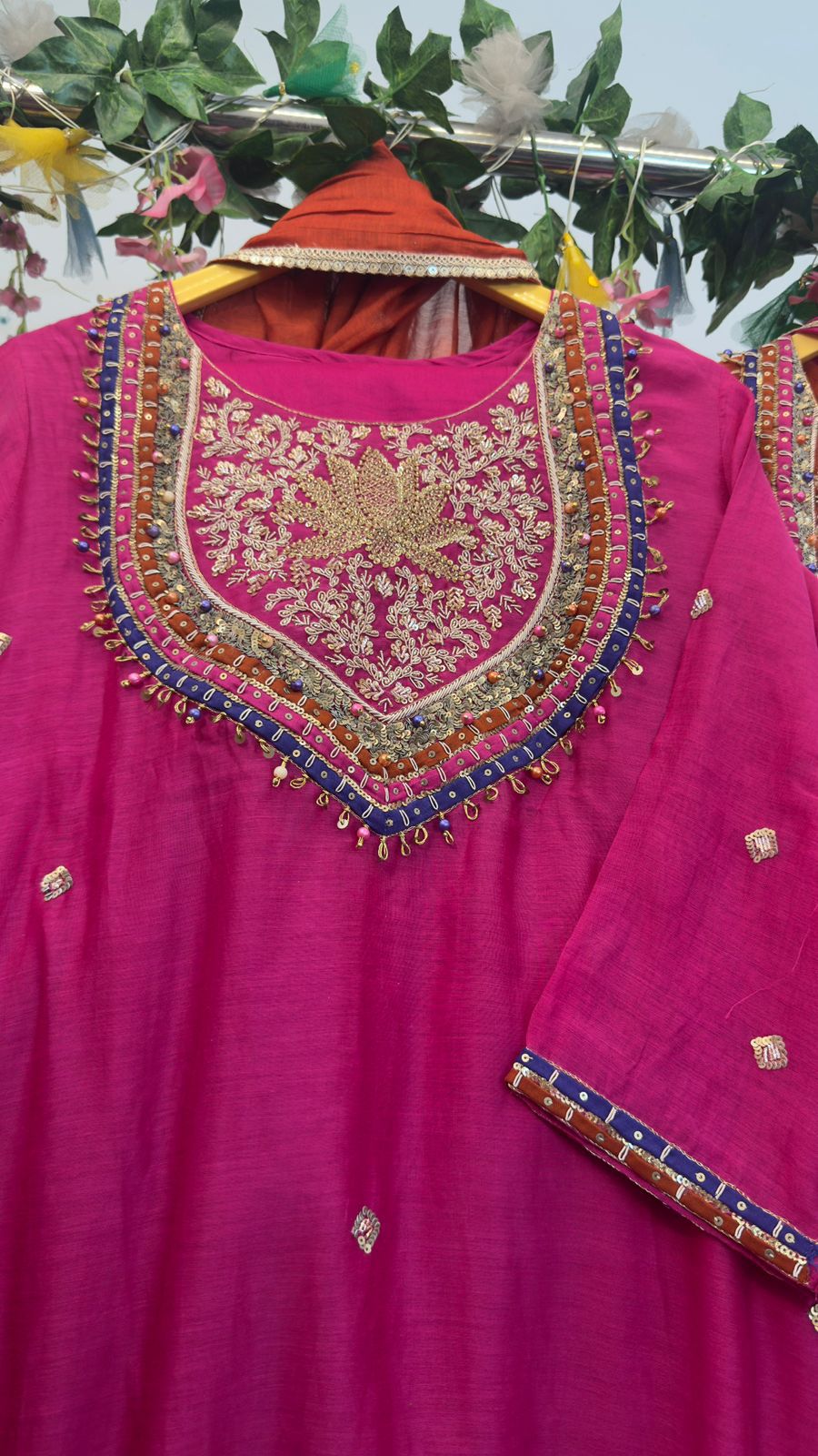 Heavy neck work with beautiful contrast duppata mul chandari Aline suit