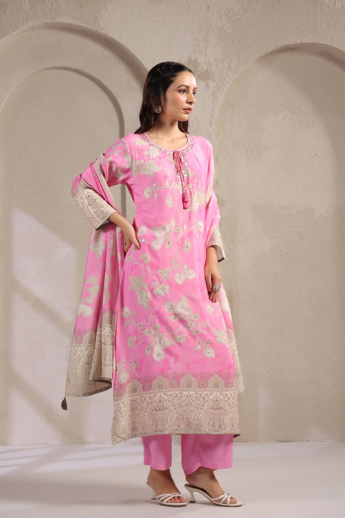 Baby pink digit muslin silk suit