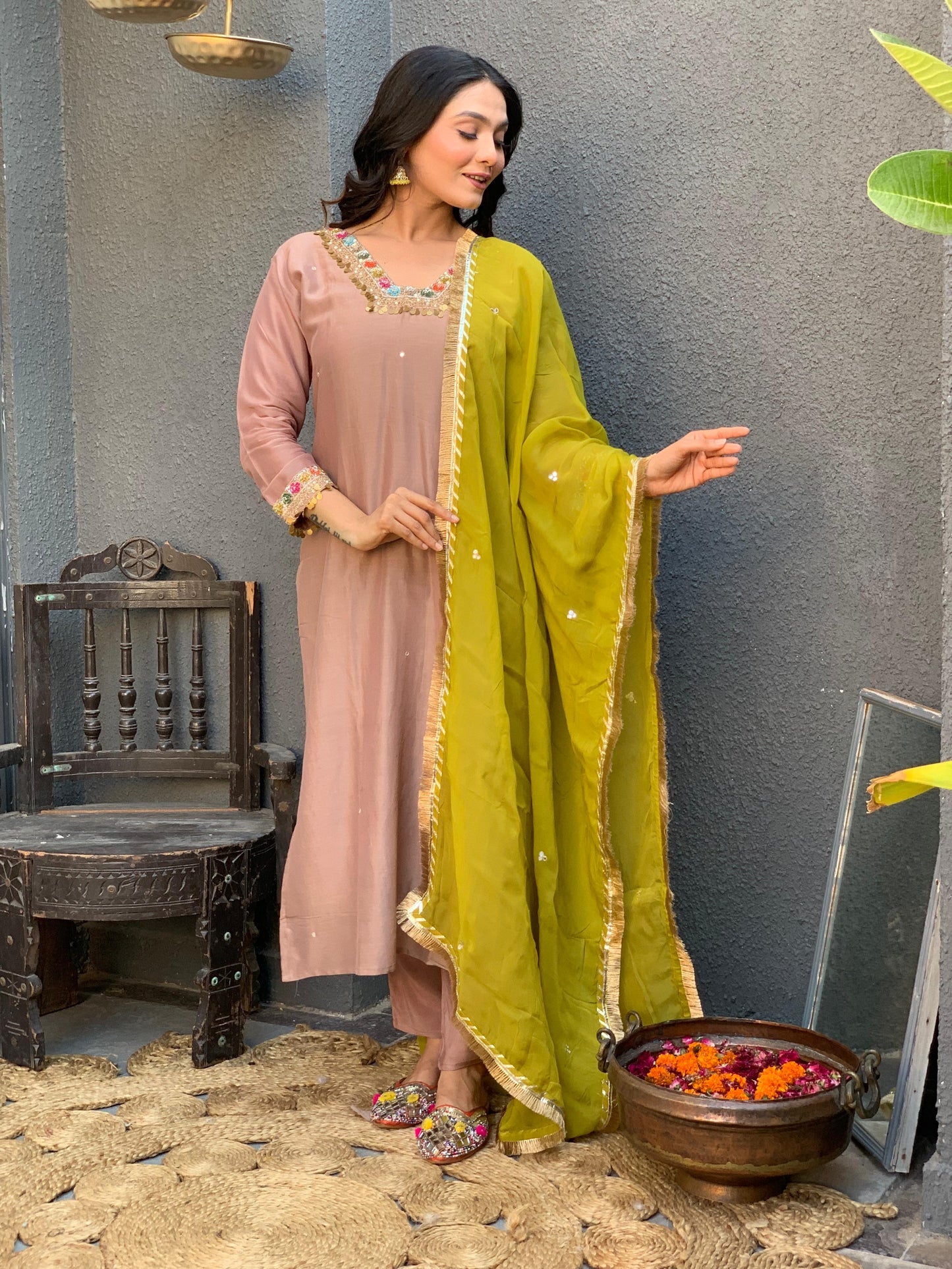 Brown square neck silk suit