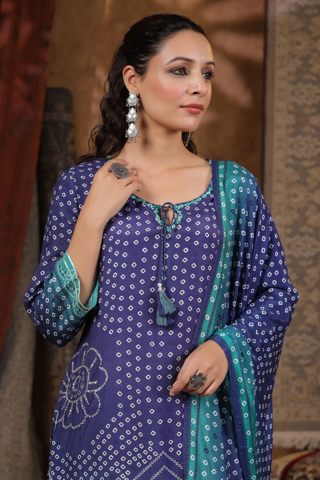Blue Bandhani muslin silk suit